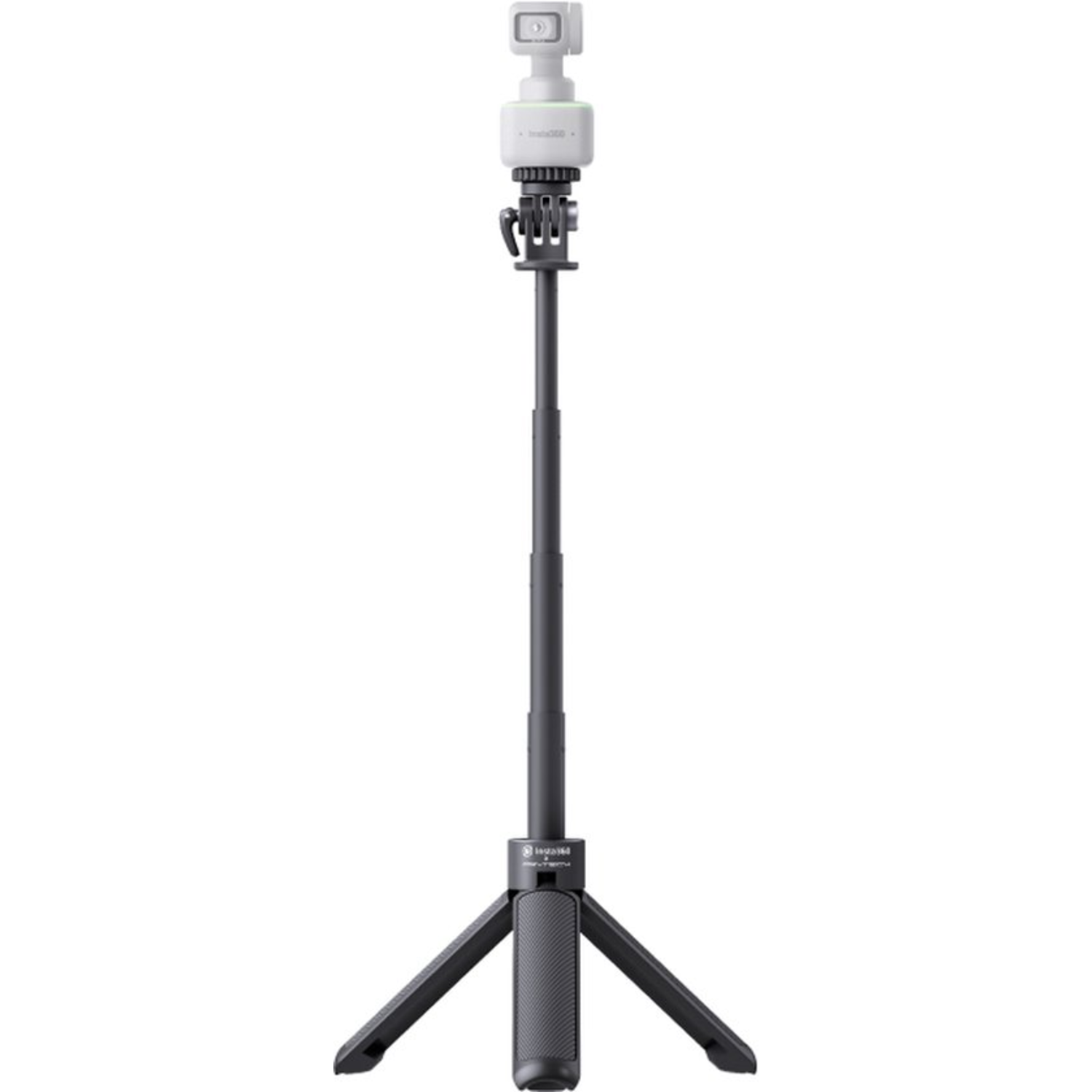 A white camera is mounted on a black tripod. The tripod has a handle with a ribbed texture and three legs.