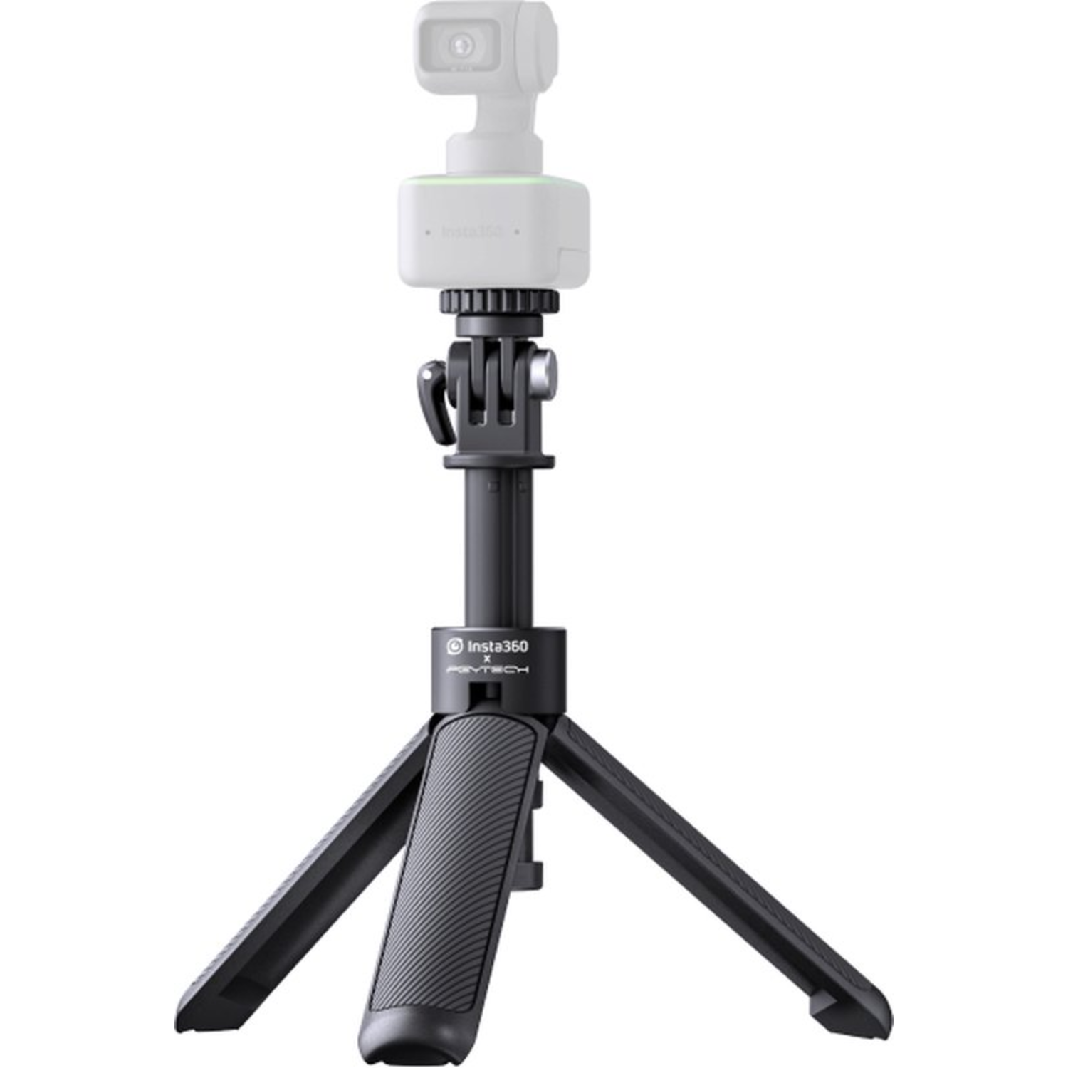 An Insta360 camera mounted on a black tripod. The camera is white. The tripod has three legs and a handle.
