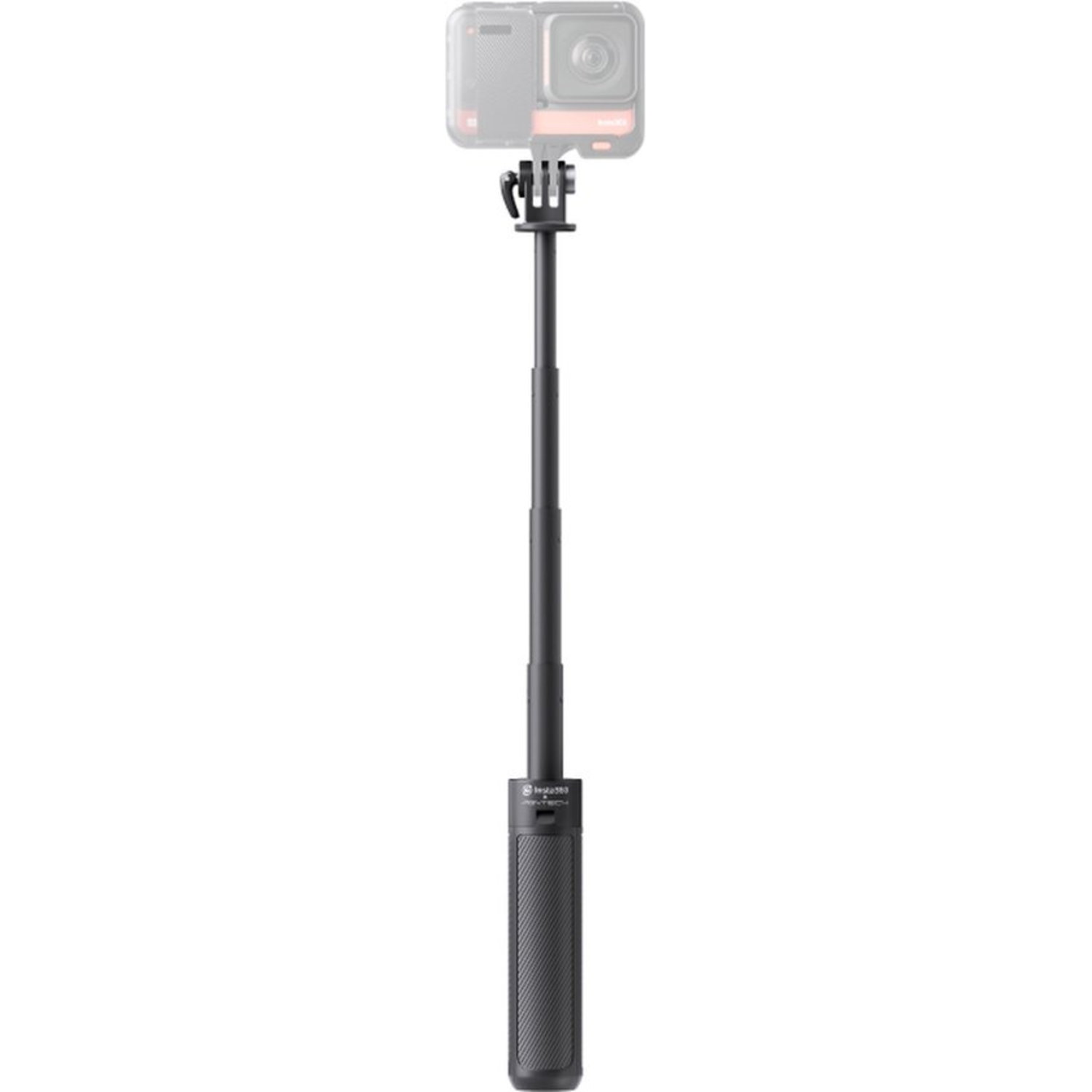 A black selfie stick with a camera attached. The stick has a textured handle, and a camera is mounted at the top.