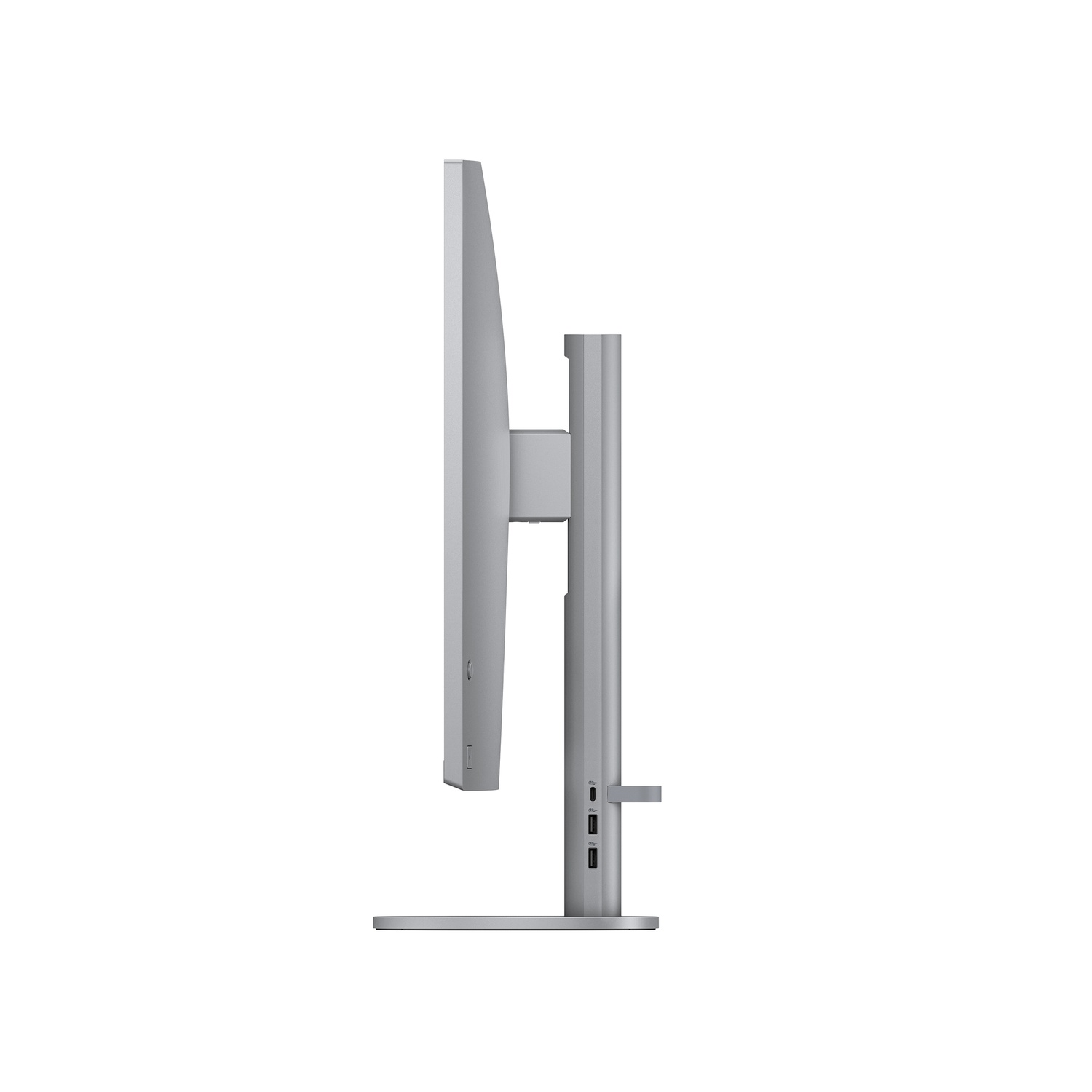Een zijaanzicht van een zilveren computermonitor. De monitor staat rechtop op een voet. Poorten zijn zichtbaar aan de achterkant.