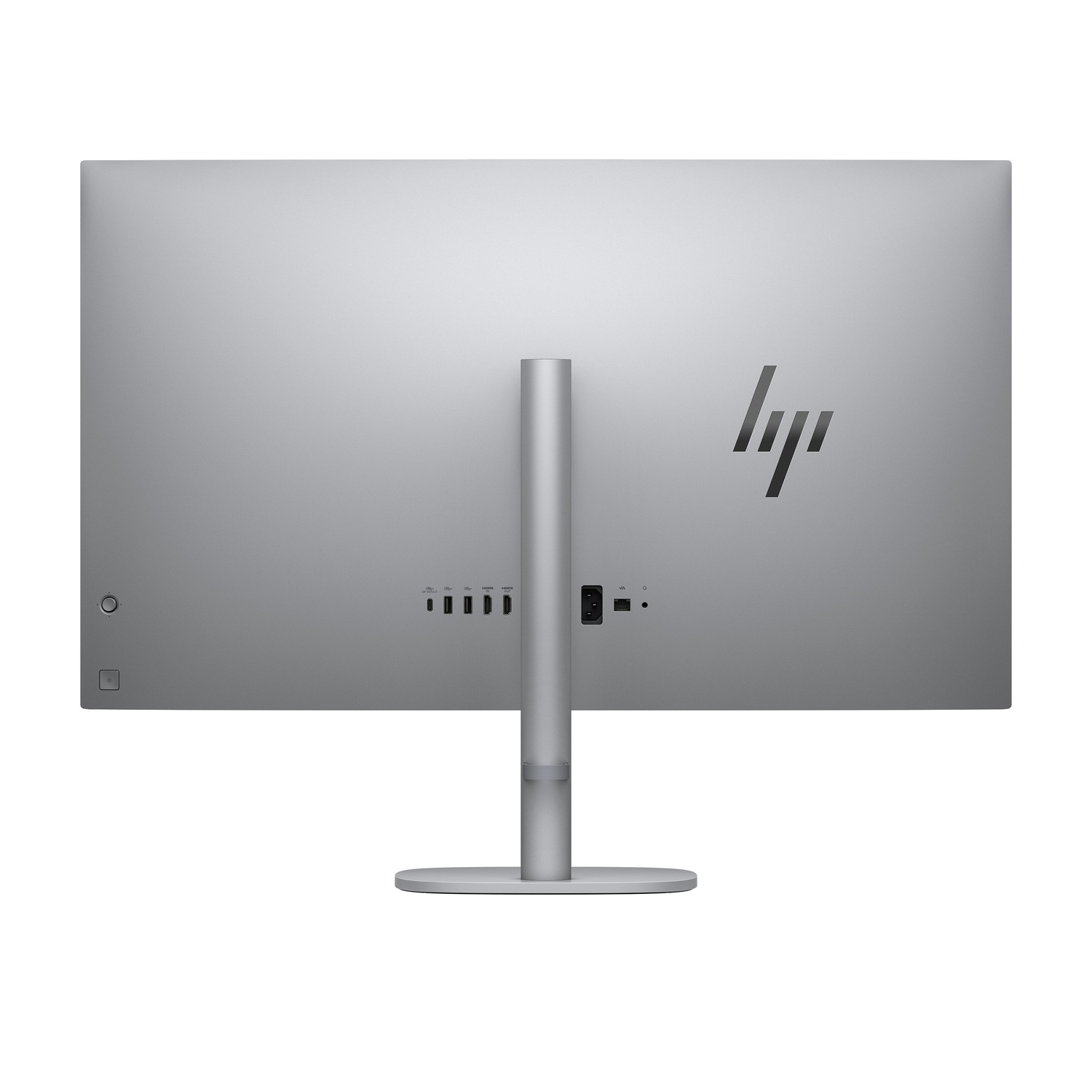 Achteraanzicht van een zilveren HP-monitor. Voorzien van het HP-logo en diverse poorten. De standaard is gecentreerd.