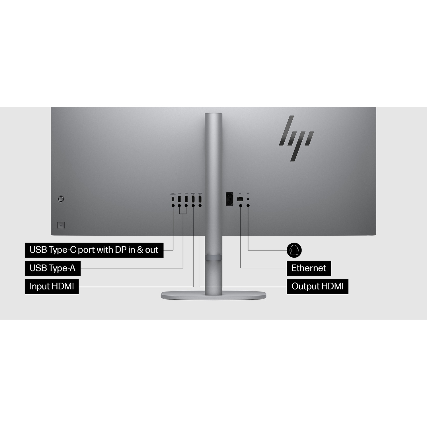 Achterkant van een zilveren HP monitor. Gelabelde poorten zijn USB-C, USB-A, HDMI, Ethernet en HDMI out. HP logo is zichtbaar.