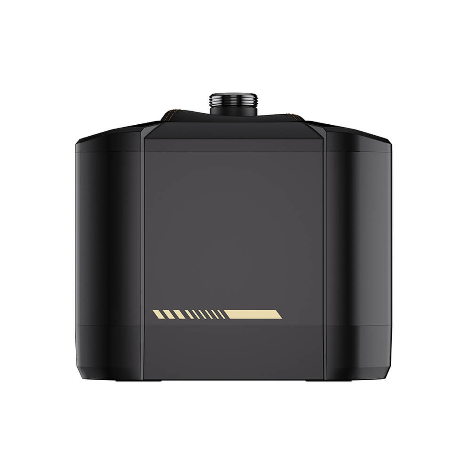 A black rectangular device with a cylindrical body. It has a gold decorative line and a small, ridged top.