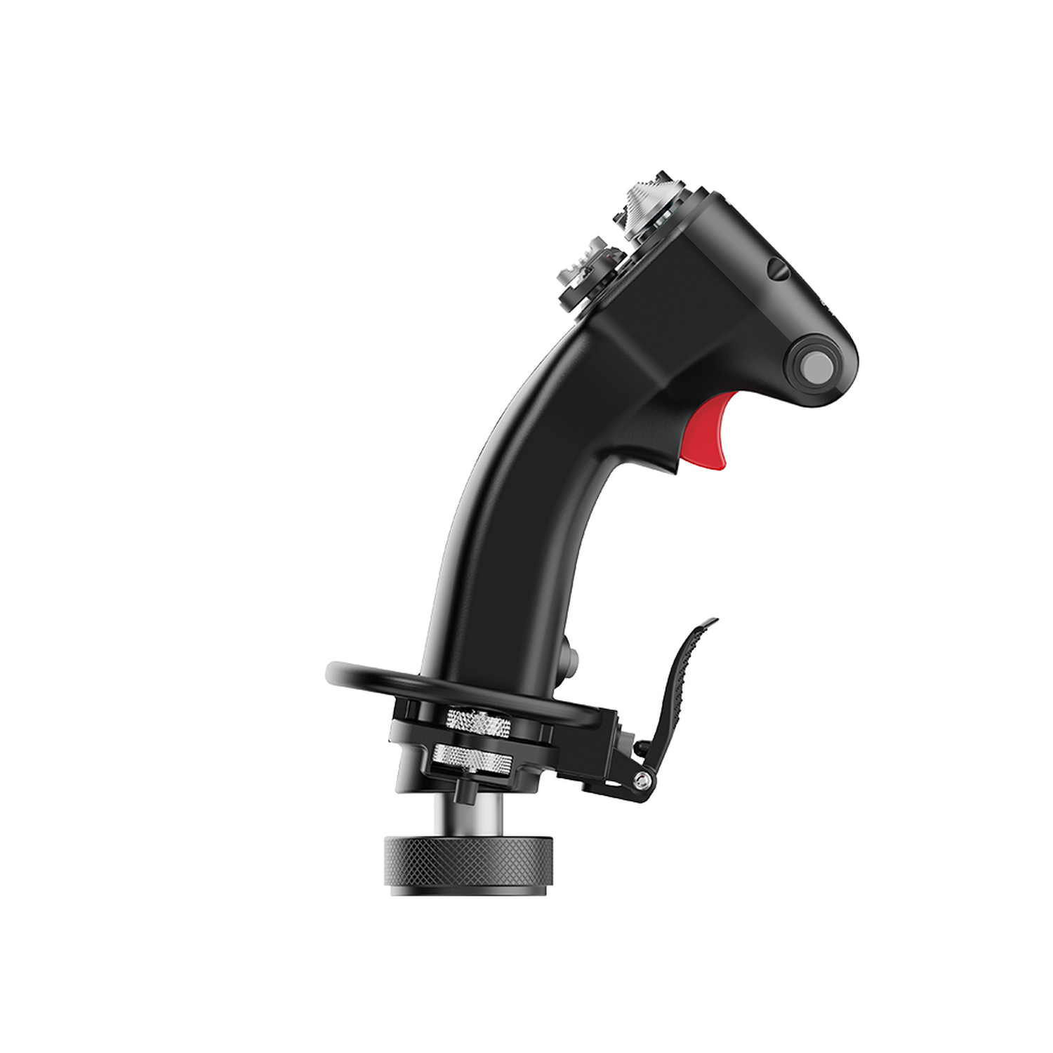 Black joystick with a red trigger. Has silver metal details and a textured base. Isolated on a white background.