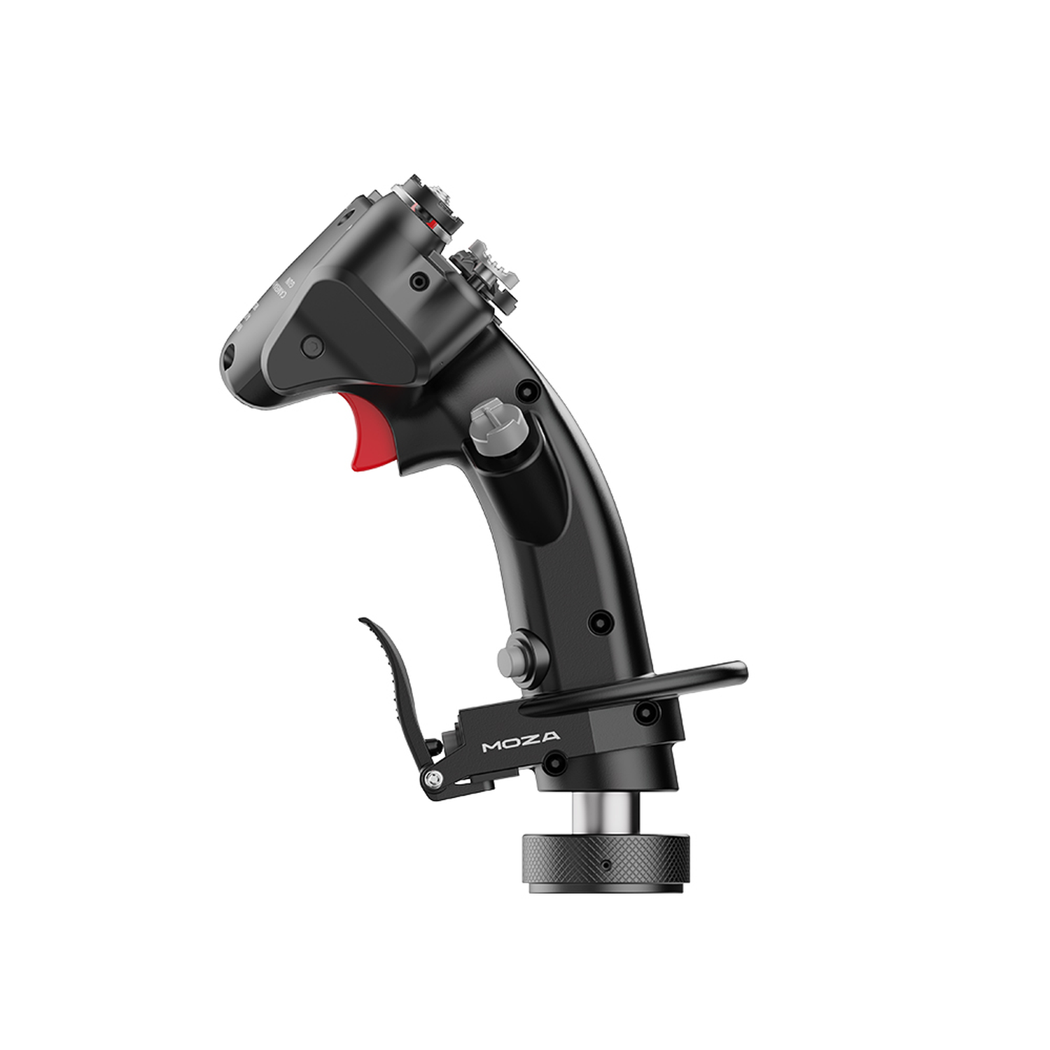 A black and gray joystick with a red button, labeled "MOZA" on the base, against a white background.
