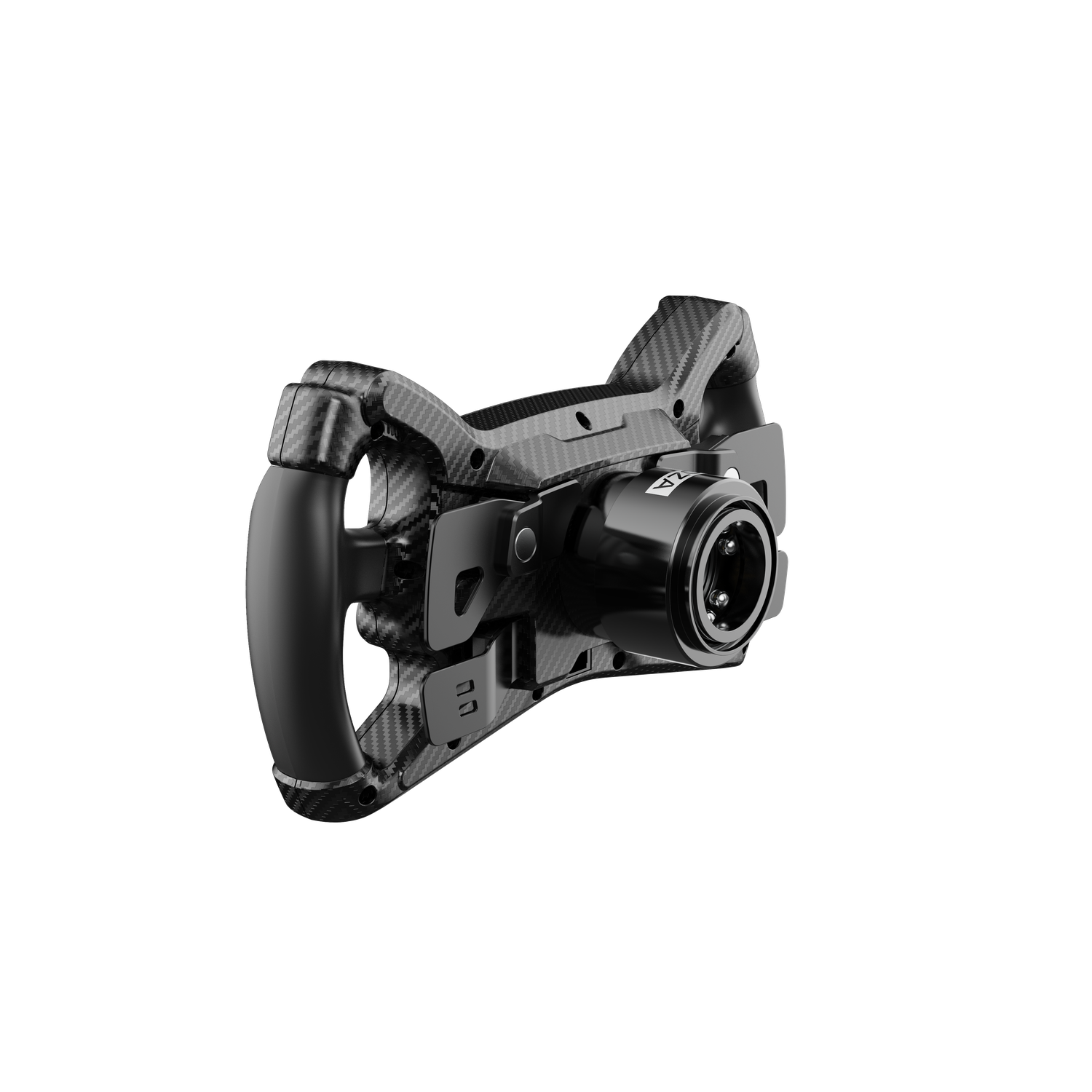 Een zwart en carbon fiber racestuur tegen een zwarte achtergrond. Het stuur heeft een cilindrische basis en een handvat.