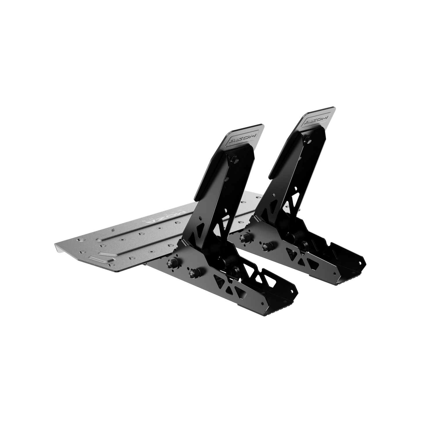 Twee zwarte racepedalen met een zilveren basis. De pedalen zijn schuin geplaatst en tonen hun structurele ontwerp en merknaam. Geïsoleerd op zwart.