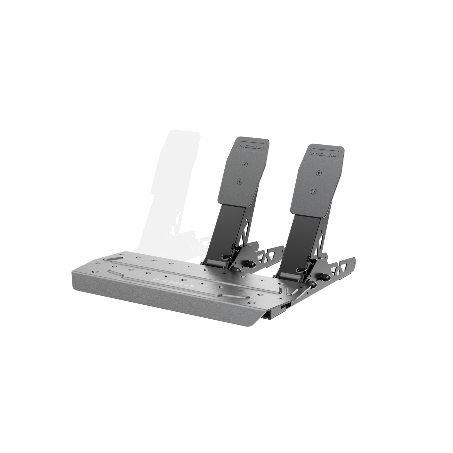 Een set racepedalen met een zilveren basis en zwarte pedalen. De pedalen zijn voorzien van het MOZA-logo.