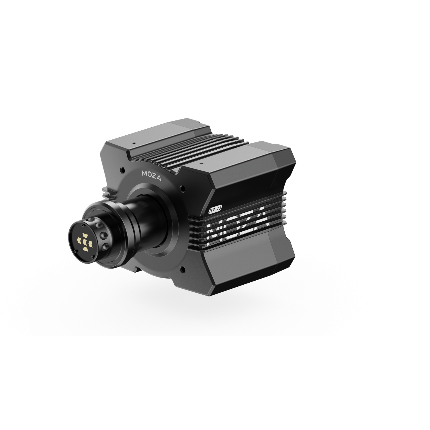 A black MOZA R9 V3 wheel base. The device has a cylindrical shape on the left and a rectangular body on the right.
