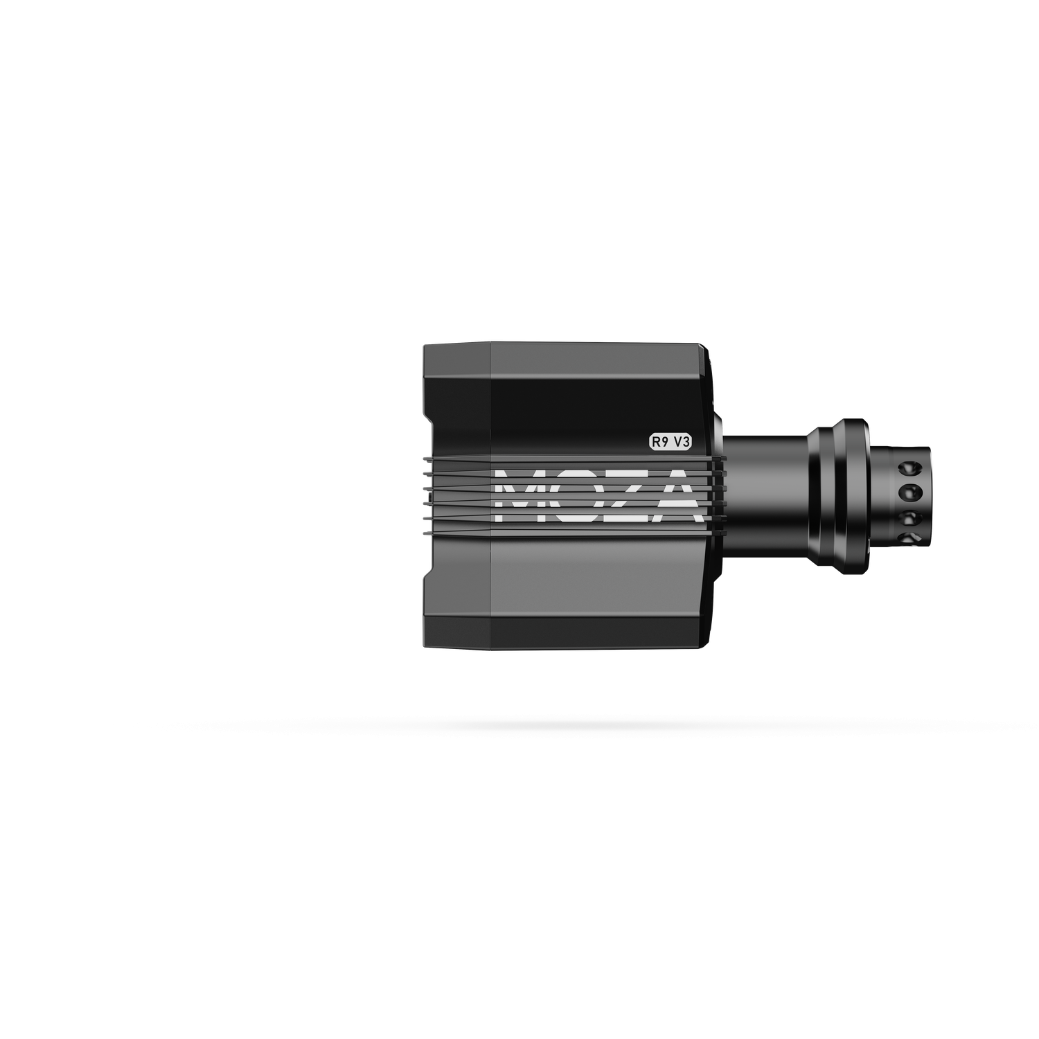 A black and grey MOZA R9 V3 device. The device has a cylindrical shape with text "MOZA" and "R9 V3" on it. Background is black.