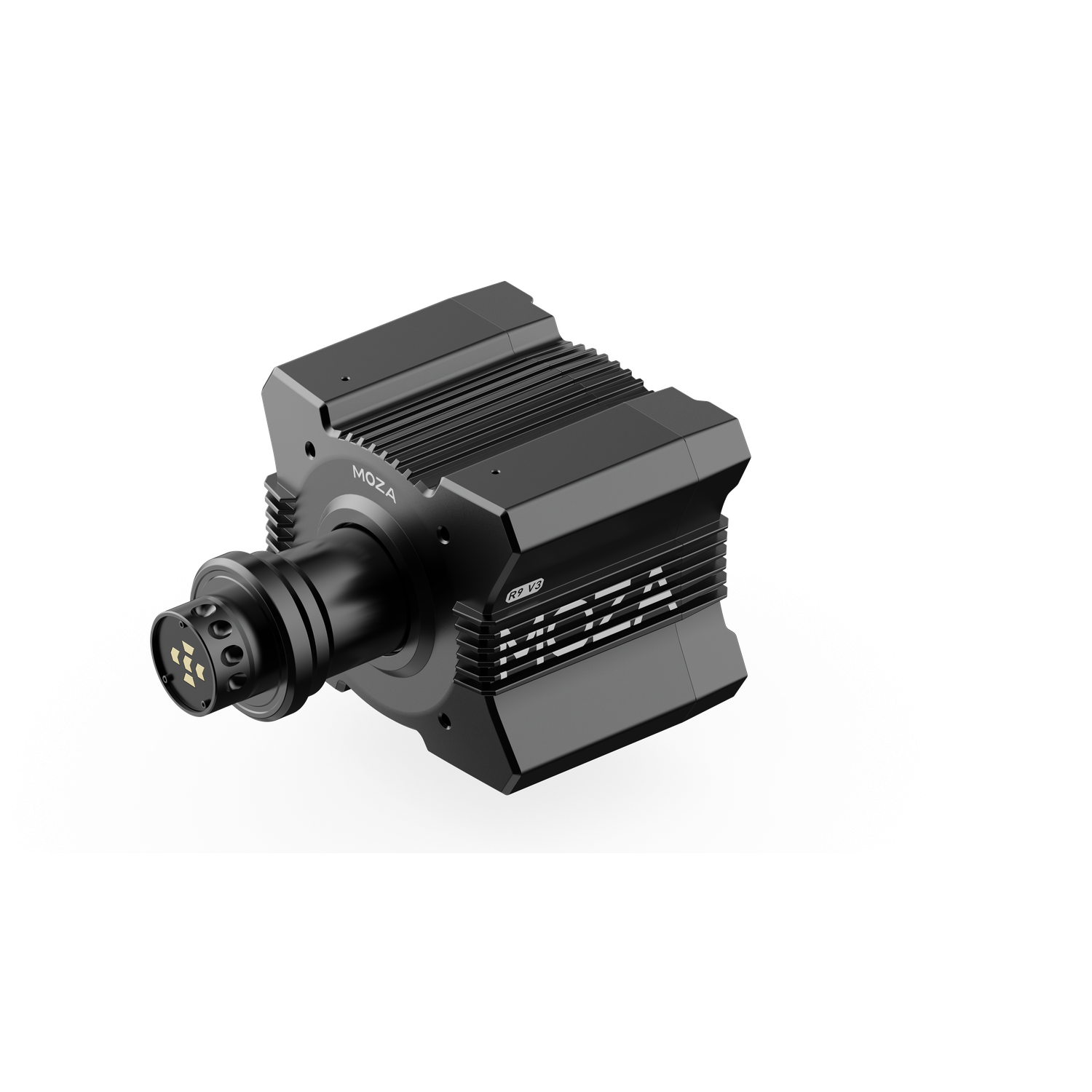 A black MOZA R9 V3 wheel base on a white background. It has a cylindrical shape with cooling fins and the MOZA logo on it.