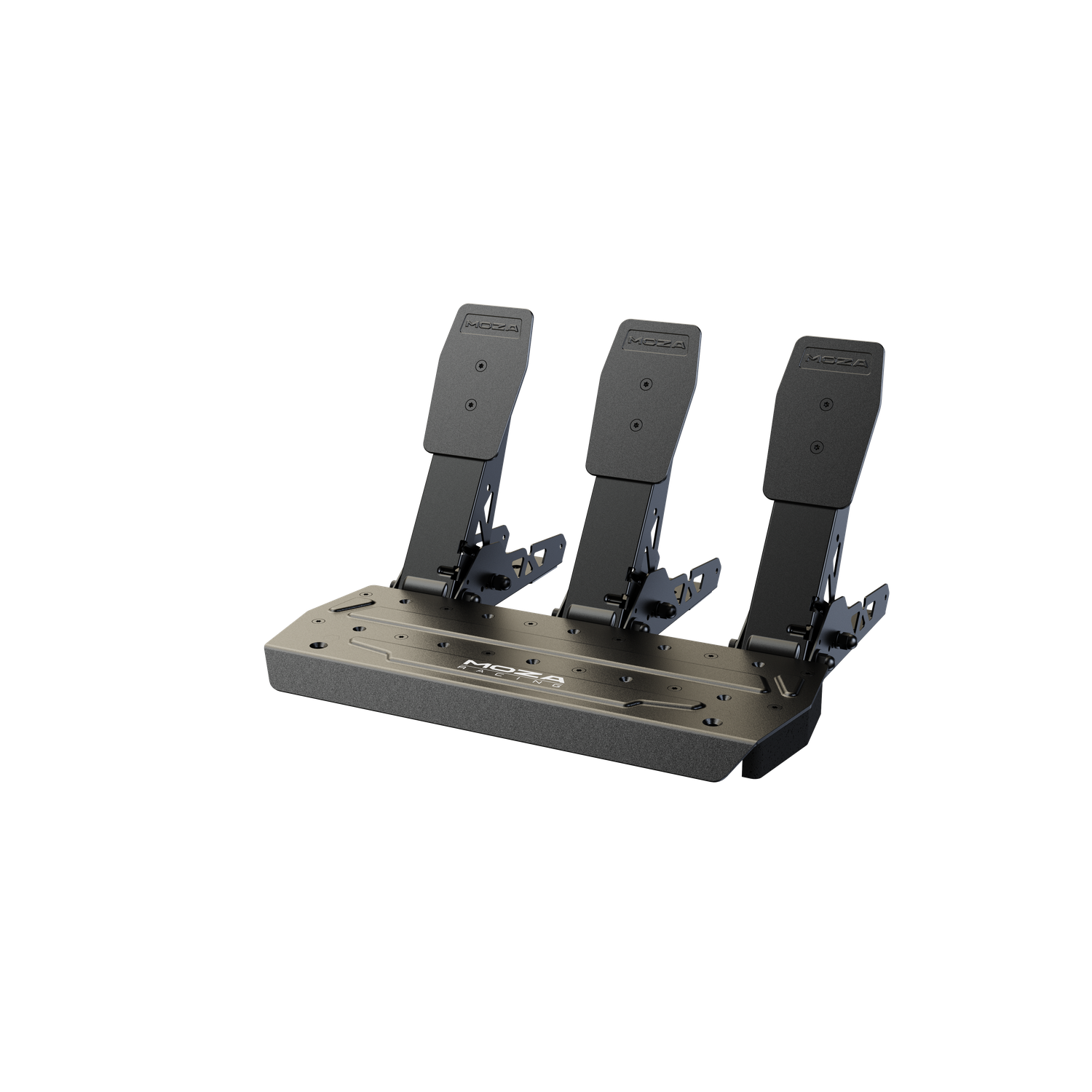Drie zwarte racepedalen op een metalen basis tegen een zwarte achtergrond. Het merk MOZA is zichtbaar.