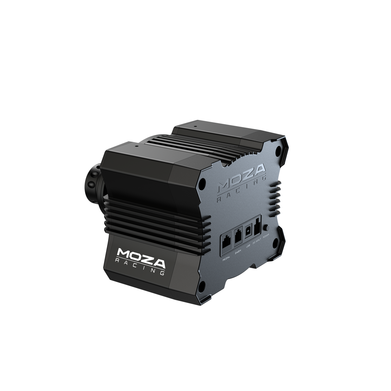 Een zwart MOZA Racing-apparaat. Het heeft poorten met de labels PEDAL, DASH, USB, DC INPUT en POWER. Het MOZA Racing-logo is zichtbaar.