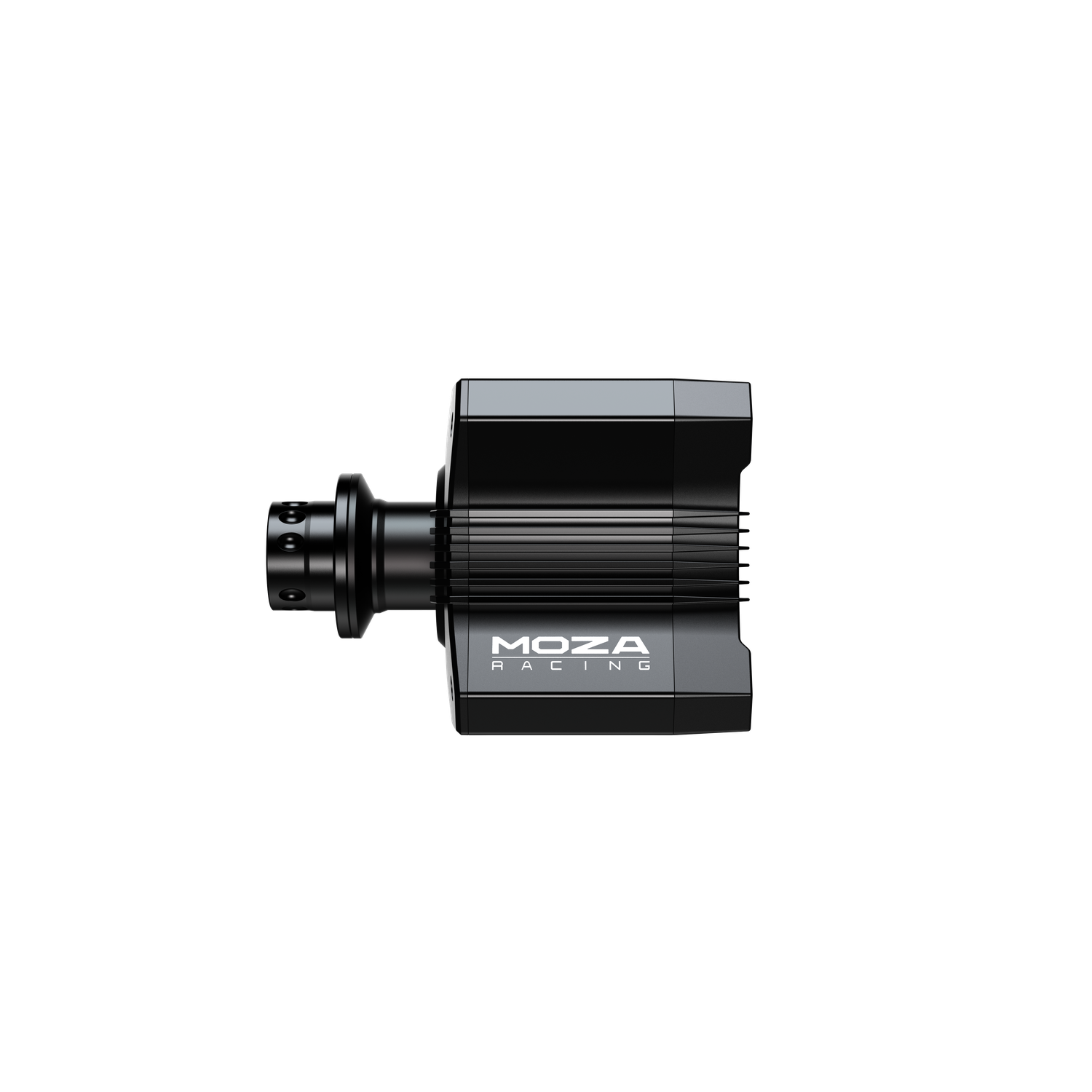 Een zwarte MOZA race stuur basis is gecentreerd tegen een zwarte achtergrond. Het MOZA logo is zichtbaar. Het is een productfoto.