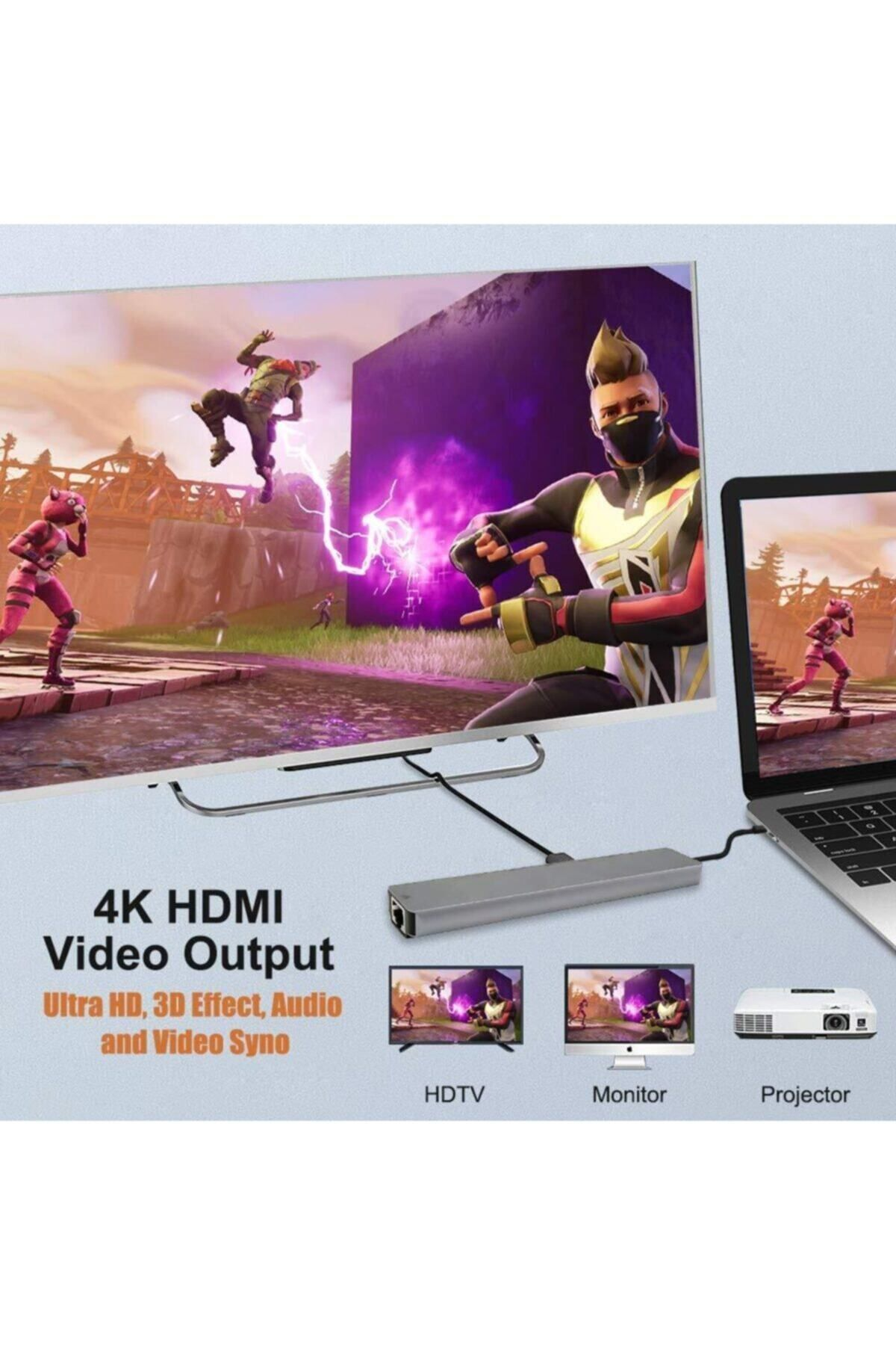 Bir dizüstü bilgisayar, bir video oyunu sahnesi gösteren bir ekrana bağlı. 4K HDMI çıkışı olan bir cihaz bağlı.