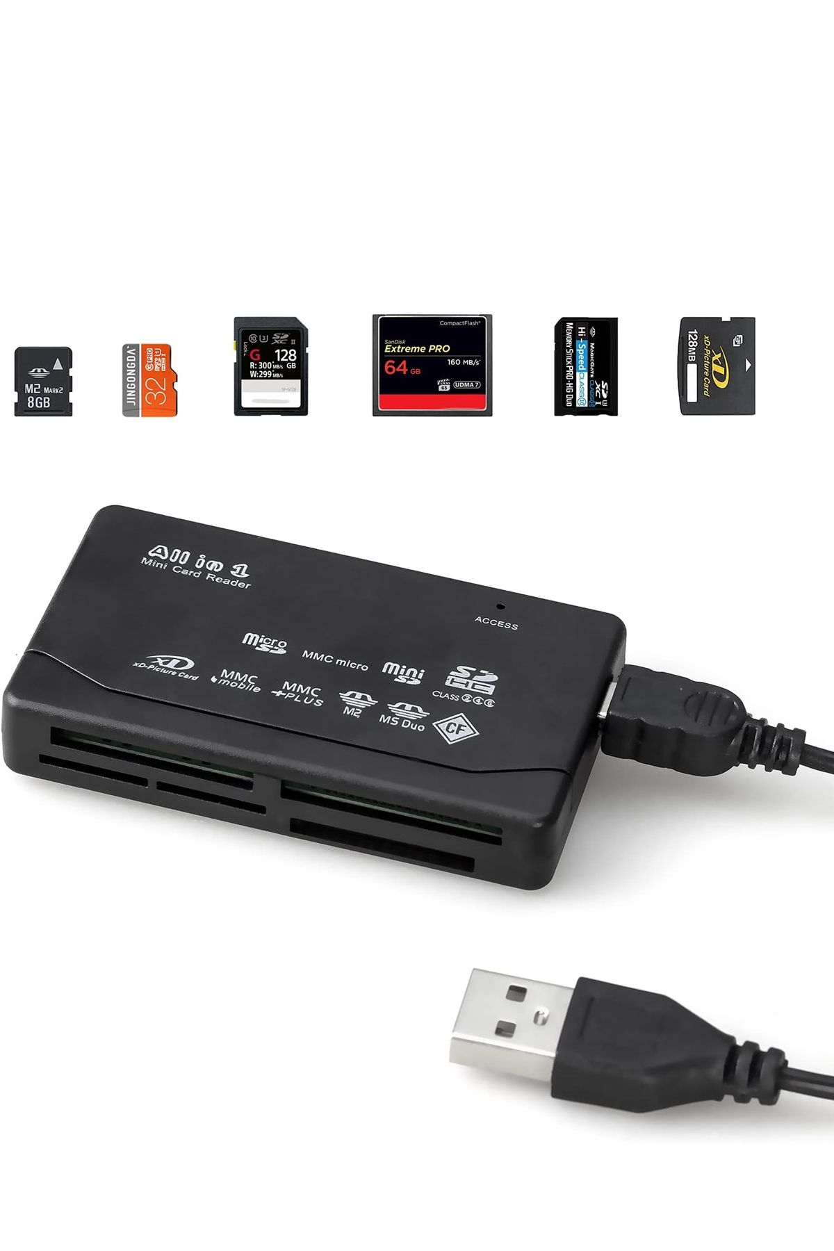 Çeşitli hafıza kartları ve bağlı bir USB kablosu bulunan siyah bir kart okuyucu. Kartlar arasında SD, MicroSD ve CompactFlash bulunur.