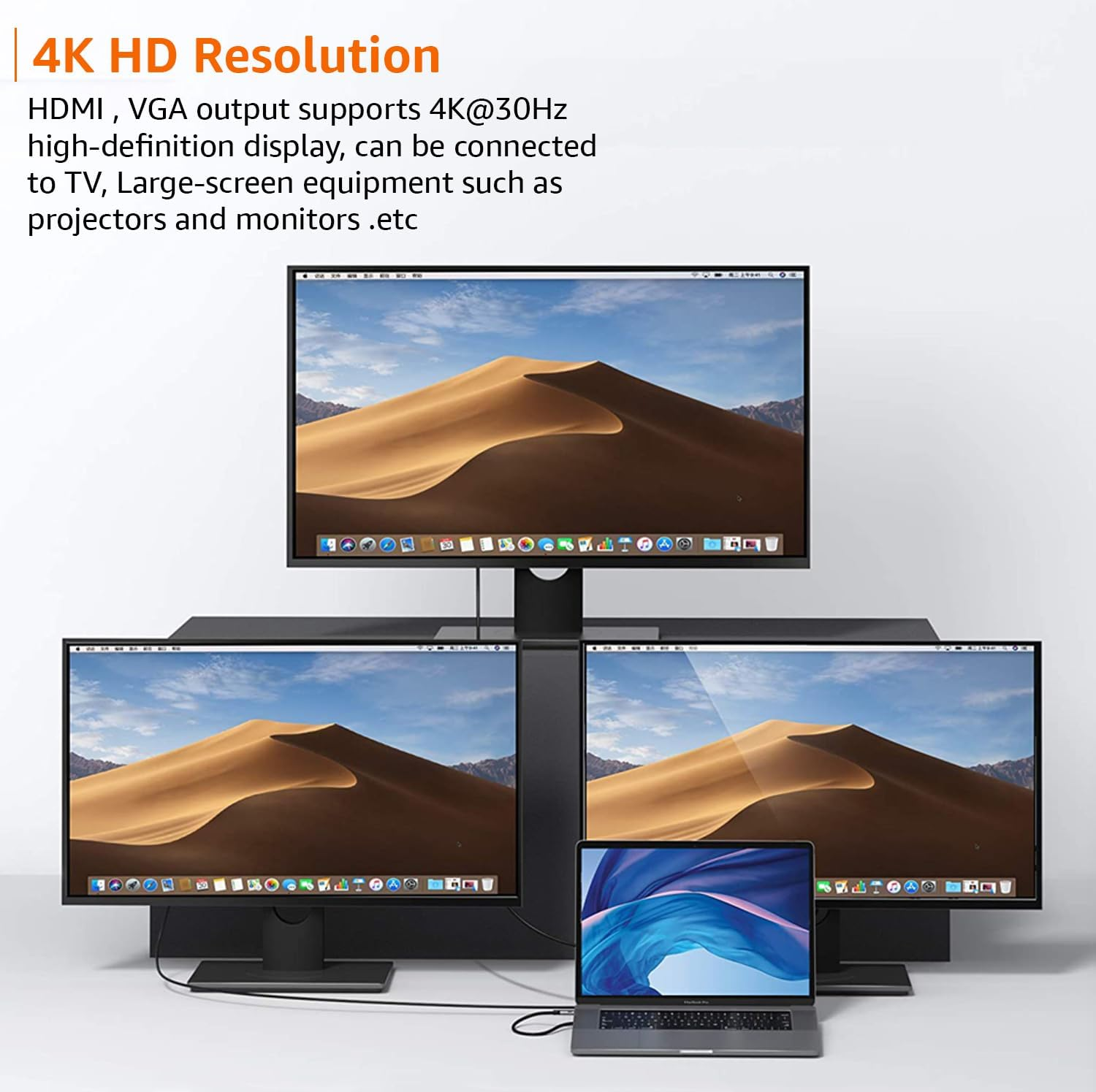 Üç monitör çöl görüntüsü gösteriyor. Bir dizüstü bilgisayar mavi ve mor bir görüntü gösteriyor. Yukarıdaki metin 4K HD Çözünürlük diyor.