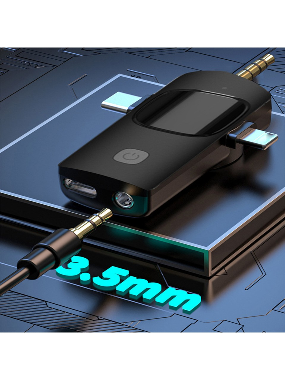 3,5 mm jak ve USB-C bağlantı noktasına sahip siyah ses adaptörü. '3,5 mm' metni görüntülenir. Arka plan teknoloji temalı bir yüzeydir.