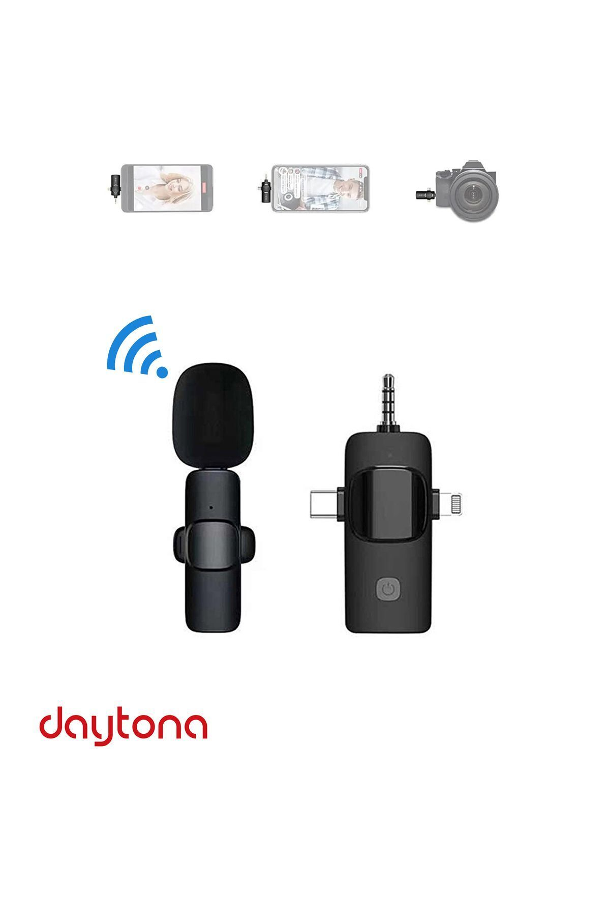 Kablosuz bir mikrofon ve alıcı görüntüleniyor. Mikrofonun siyah bir kapsülü var. Alıcının USB-C ve Lightning bağlantı noktaları var.