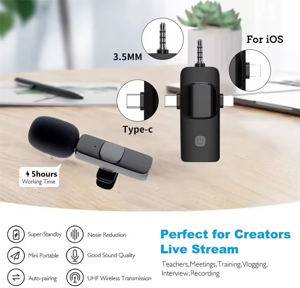 3,5 mm, Type-C ve iOS konektörlerine sahip siyah bir mikrofon seti. Özellikler arasında gürültü azaltma, otomatik eşleştirme ve iyi ses kalitesi bulunur.