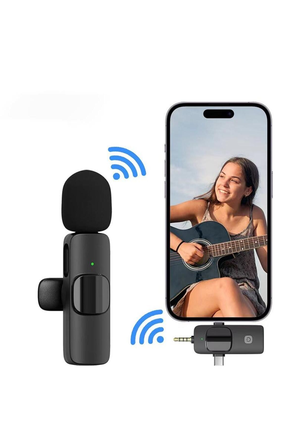 Kablosuz bir mikrofon, gitar çalan bir kadını gösteren bir akıllı telefon ve bir alıcı, sinyal simgeleriyle gösteriliyor.