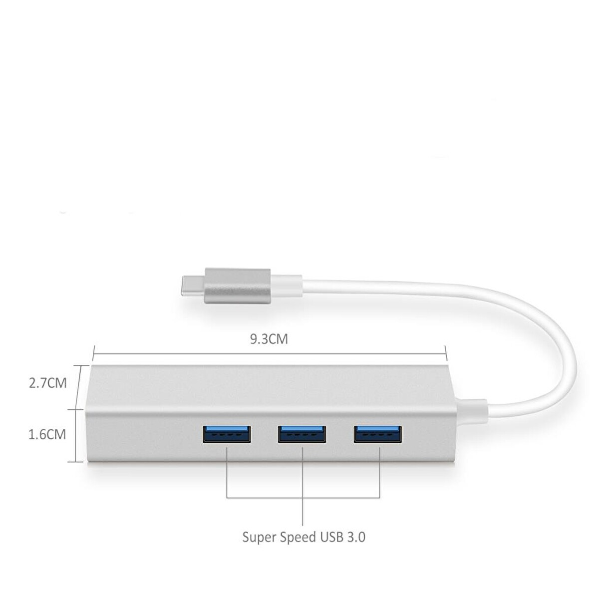 Üç bağlantı noktalı gümüş renkli bir USB hub, bir kablo ve bir USB-C konektörüne bağlı, 'Super Speed USB 3.0' etiketli.