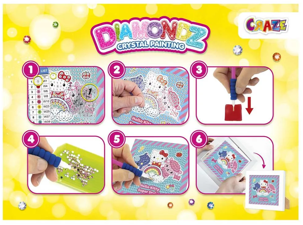 Oktató kép egy Diamondz kristályfestő készlettel. A lépések bemutatják a drágakövek felhelyezését egy Hello Kitty dizájnra, szerszámokkal és a kész termékkel.