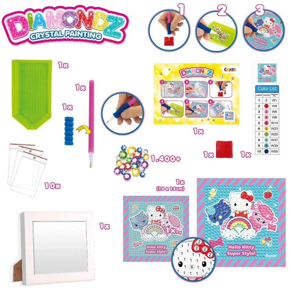 A készlet a Diamondz Crystal Painting kellékeit, útmutatót, Hello Kitty témájú művészetet, színes kulcsot és keretet tartalmaz.