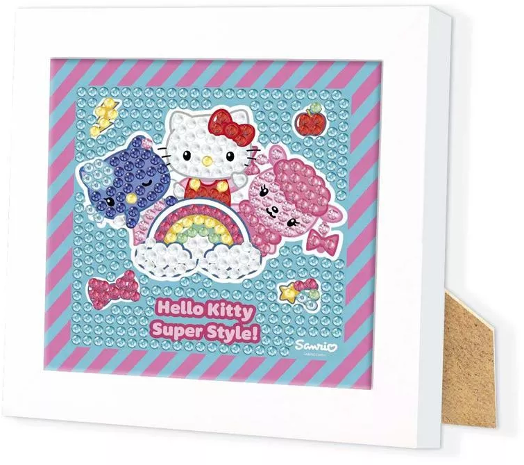 Hello Kitty képkeret. A kép Hello Kittyt, egy szivárványt és más karaktereket tartalmaz. Rózsaszín és kék csíkos háttér előtt van.