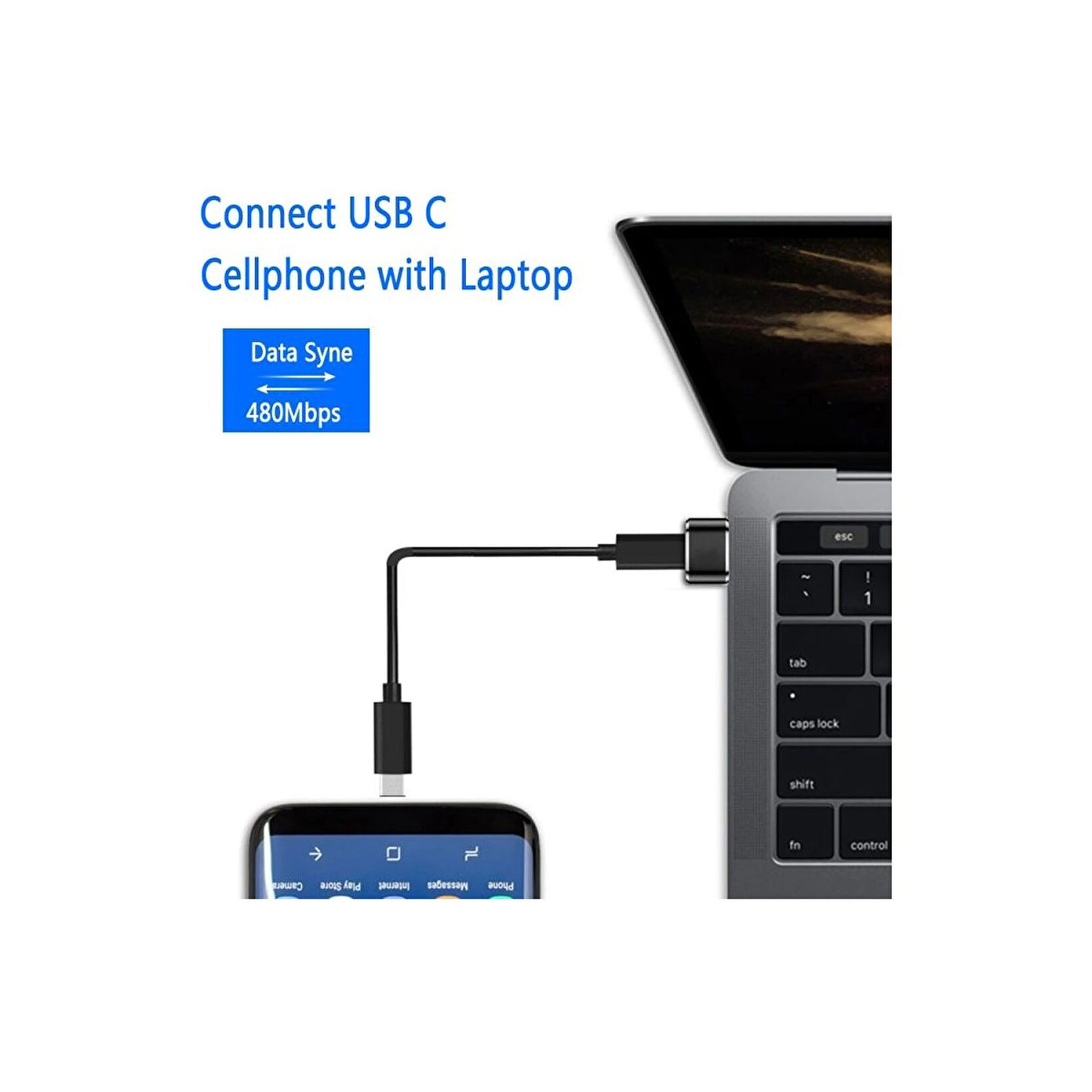 USB-C kablosuyla bir dizüstü bilgisayara bağlı bir telefon. Görüntüdeki metin 480Mbps veri senkronizasyonunu açıklıyor.
