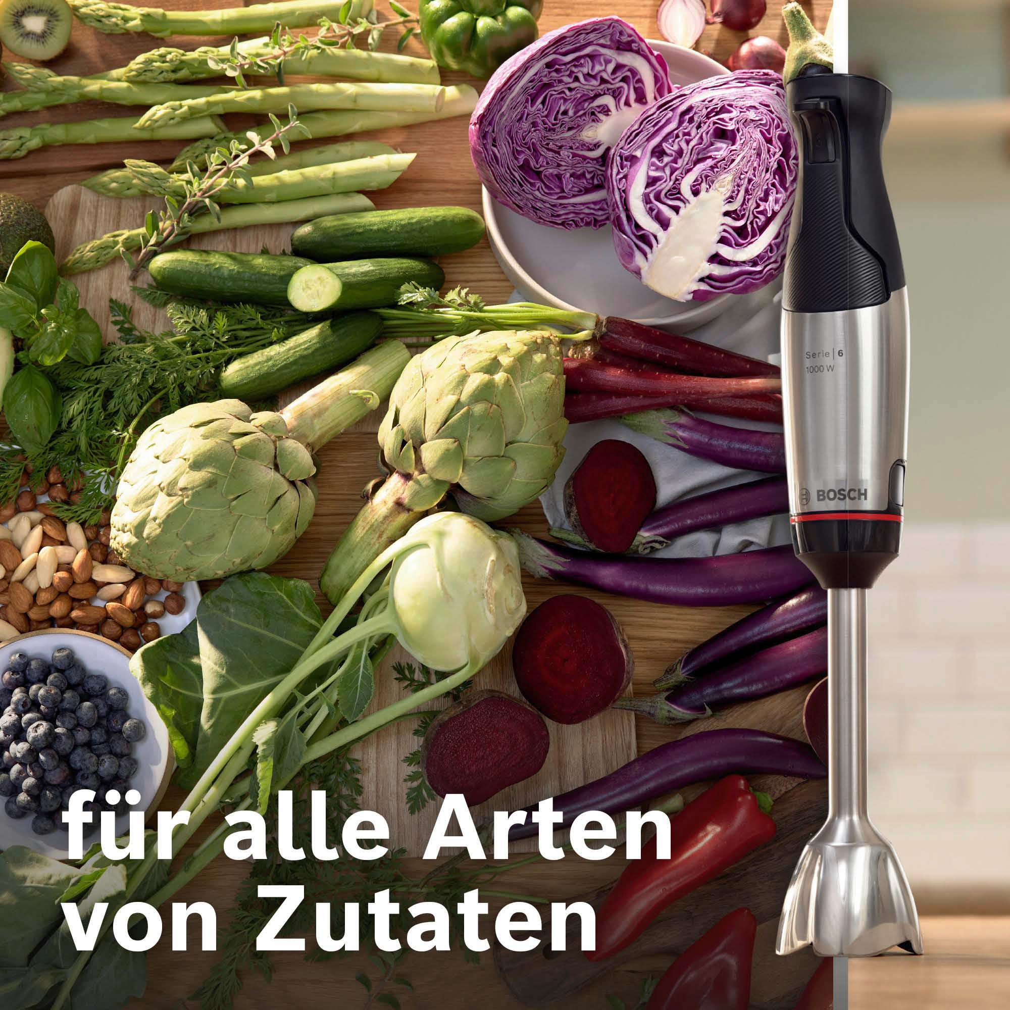 Ein Mixer neben verschiedenen Gemüsesorten wie Spargel, Artischocken, Rotkohl und Rüben, mit deutschem Text.