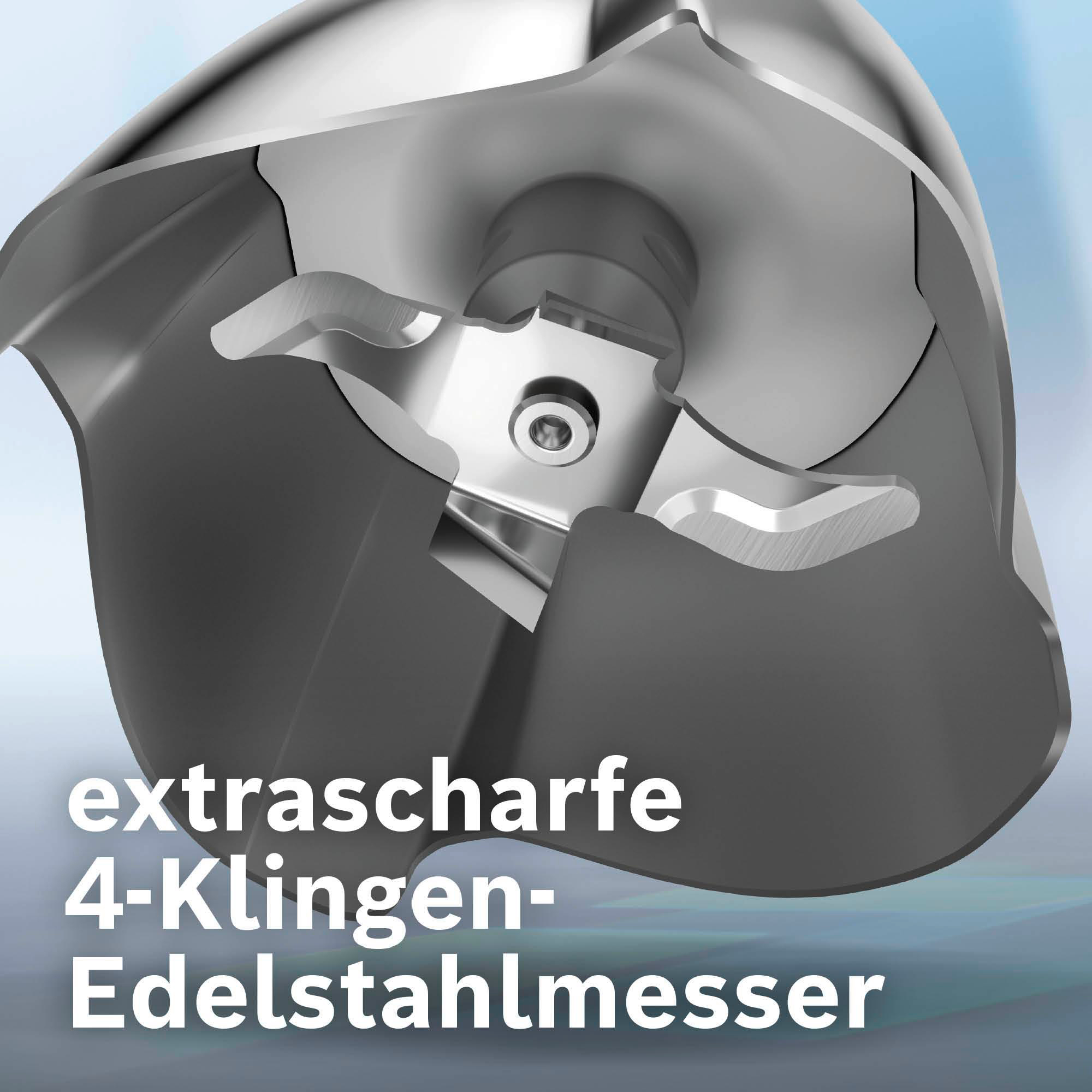 Nahaufnahme einer Mixerklinge mit vier Edelstahlklingen. Der Text unten lautet 'extrascharfe 4-Klingen-Edelstahlmesser'.