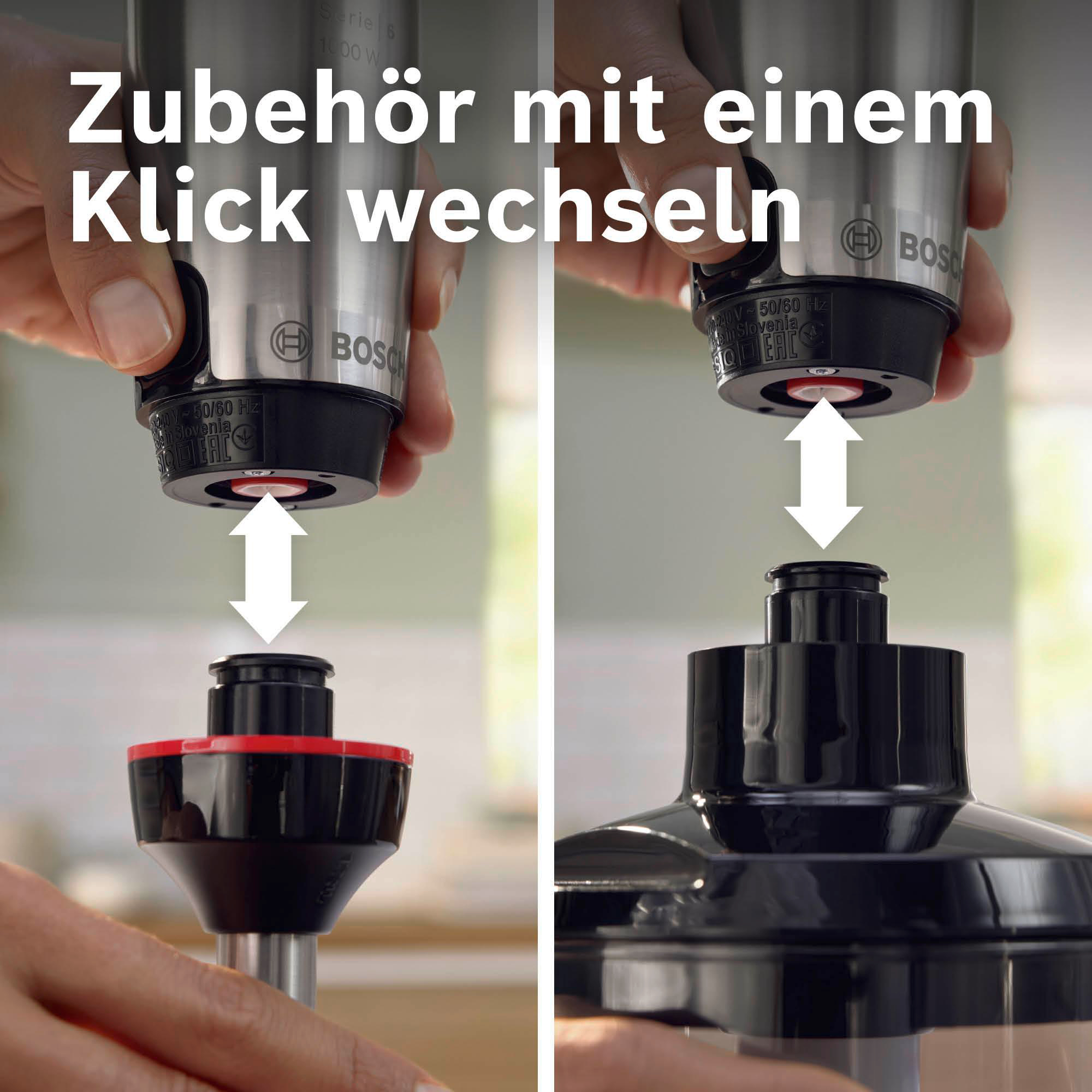 Hände halten Teile eines Bosch-Stabmixers, Pfeile zeigen die Befestigung. Text: 'Zubehör mit einem Klick wechseln'.