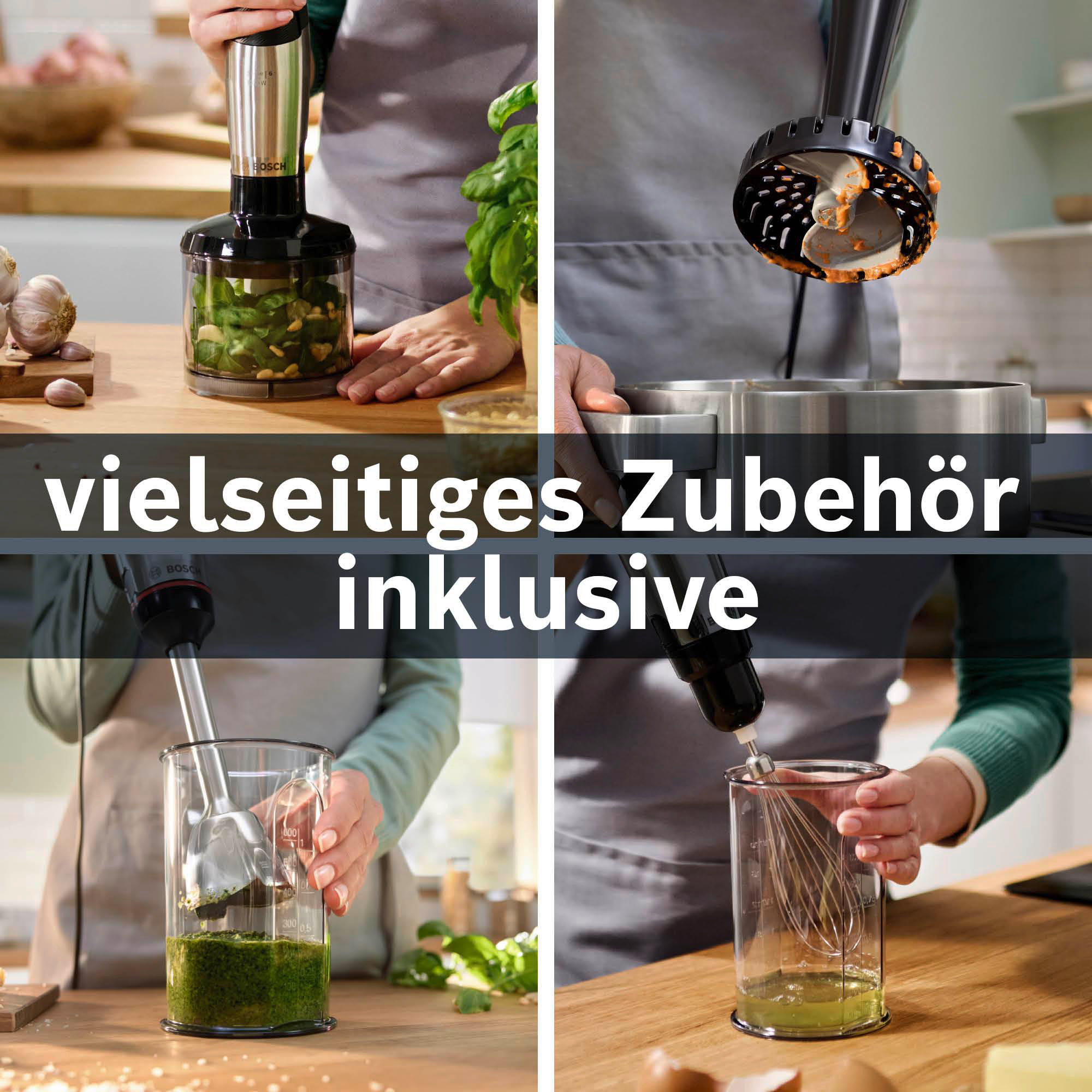 Ein Vier-Panel-Bild zeigt einen Bosch-Stabmixer mit verschiedenen Aufsätzen, der Lebensmittel zubereitet. Enthält Text: vielseitiges Zubehör inklusive.