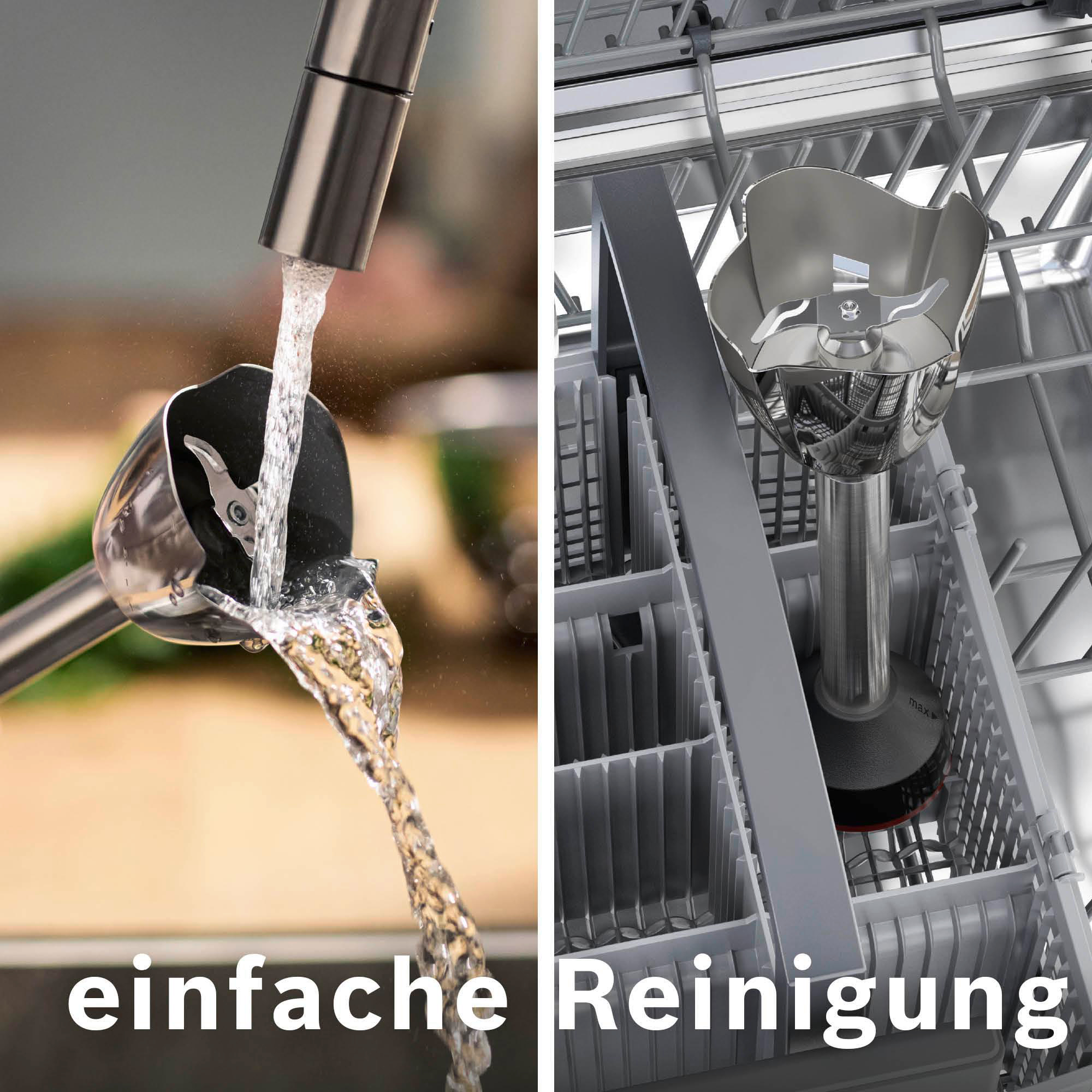 Ein Stabmixer wird unter einem Wasserhahn abgespült und der Mixerkopf in einem Geschirrspüler.