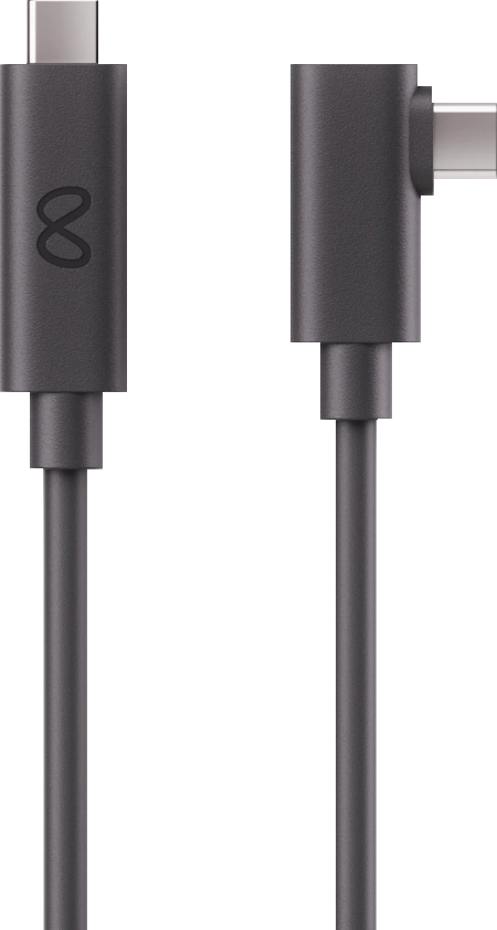 Zwei graue USB-C-Kabel vor schwarzem Hintergrund. Eines hat einen abgewinkelten Stecker. Eines hat ein 8-Logo.