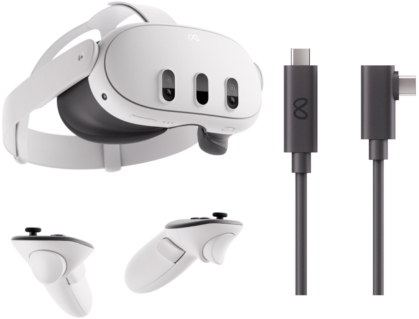 Weißes VR-Headset mit Controllern und schwarzen Kabeln, alles auf schwarzem Hintergrund. Das Headset hat drei Kameralinsen.