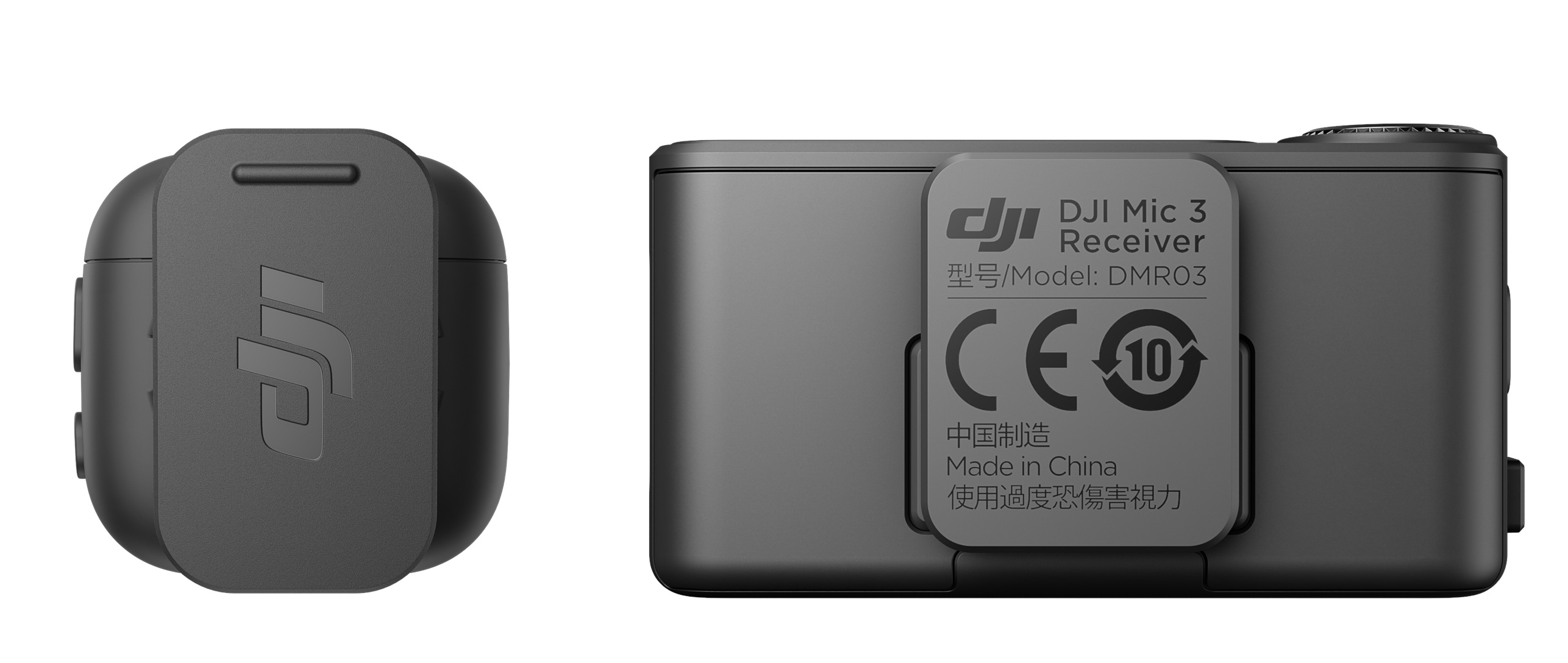Pokazano czarny odbiornik i etui DJI Mic 3. Odbiornik ma etykiety, etui ma logo DJI. Wyprodukowano w Chinach.