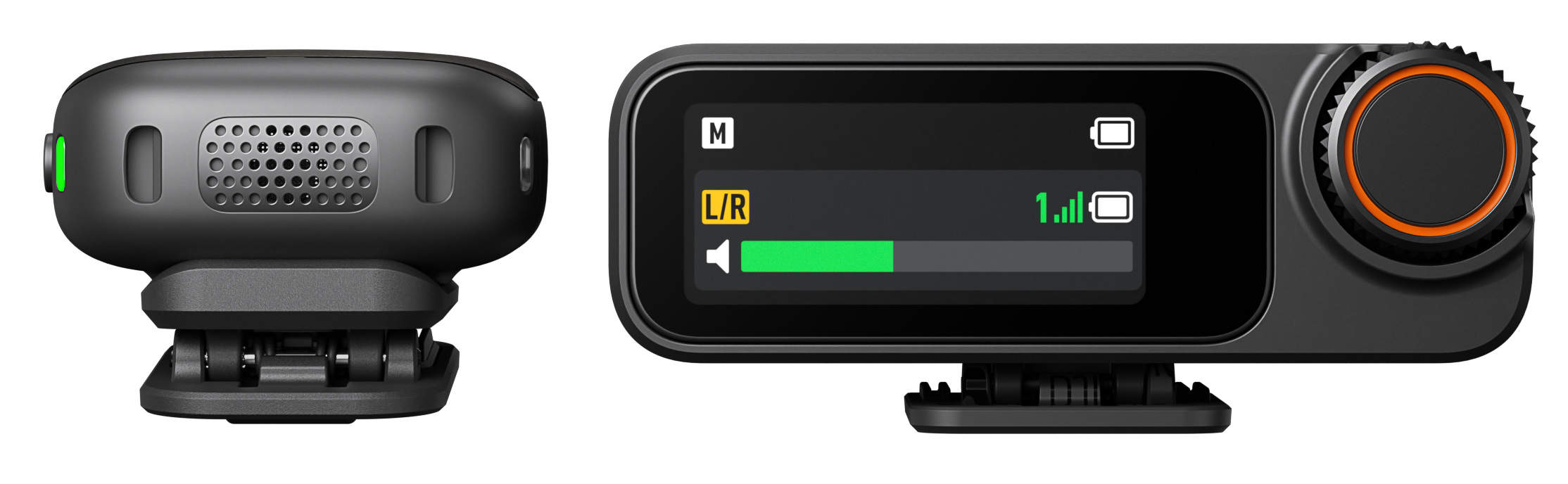 Czarna kamera samochodowa z ekranem pokazującym głośność i poziom naładowania baterii. Z boku świeci się zielone światło. Pomarańczowa tarcza z boku.