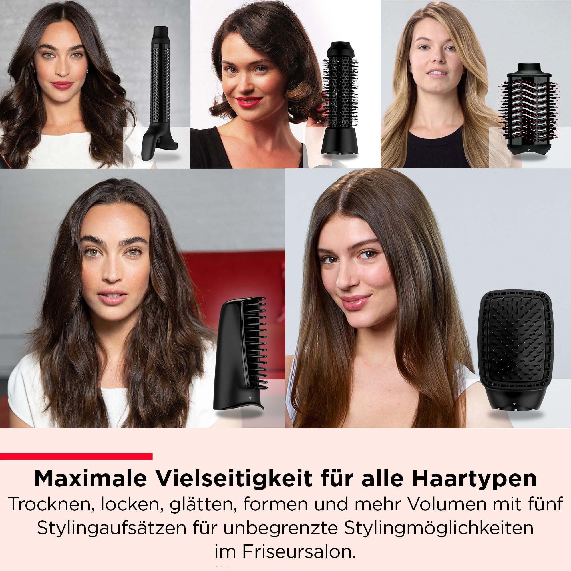 Das Bild zeigt Frauen mit verschiedenen Frisuren neben Styling-Tools. Text: 'Maximale Vielseitigkeit für alle Haartypen'.