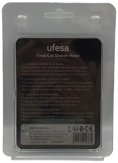 Ufesa Final Cut borotvafej csomag. Kétpengés borotvafejet tartalmaz angol, spanyol, portugál és francia leírásokkal.