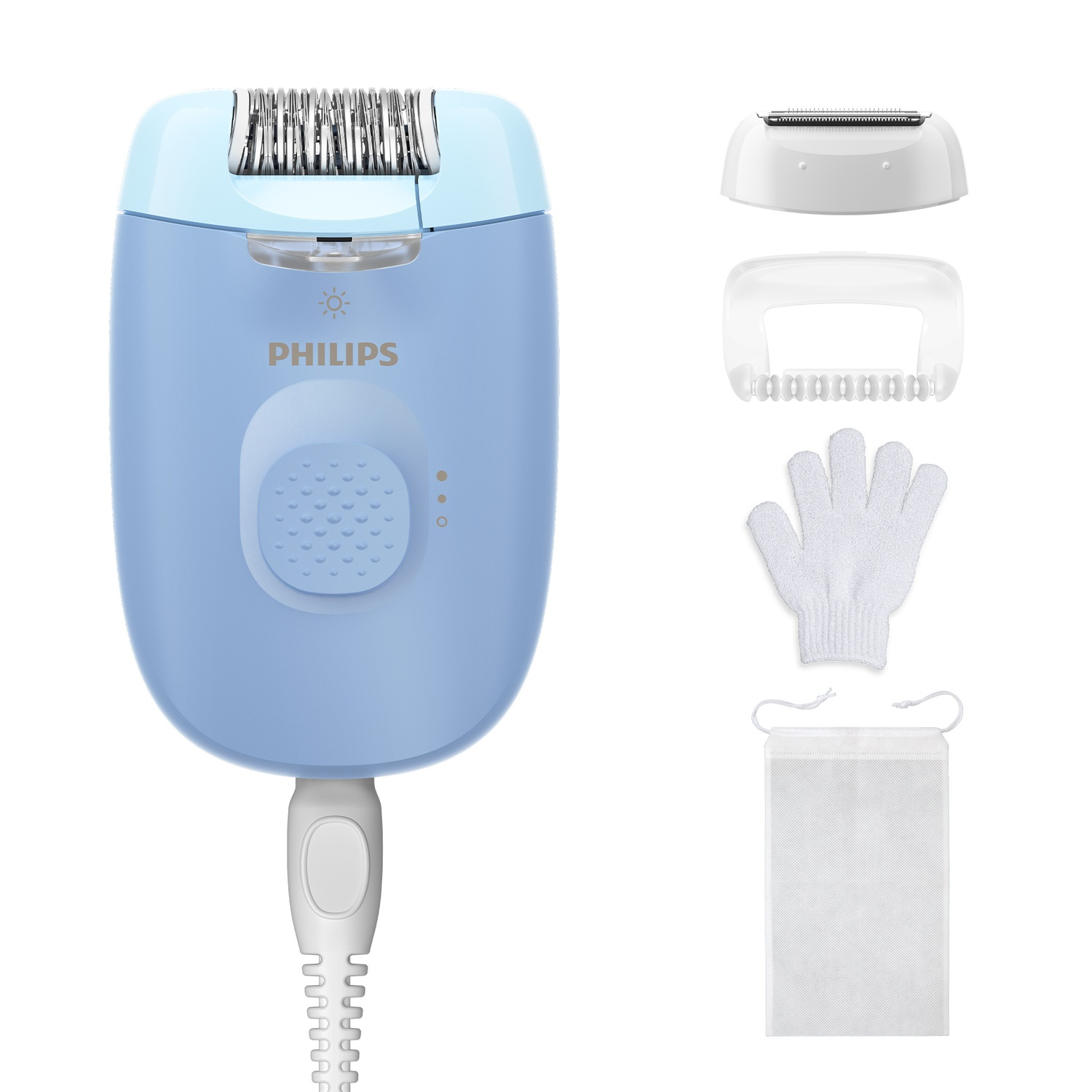 A blue Philips epilator with accessories. Includes a head, cover, exfoliating glove, and storage pouch. All are white.