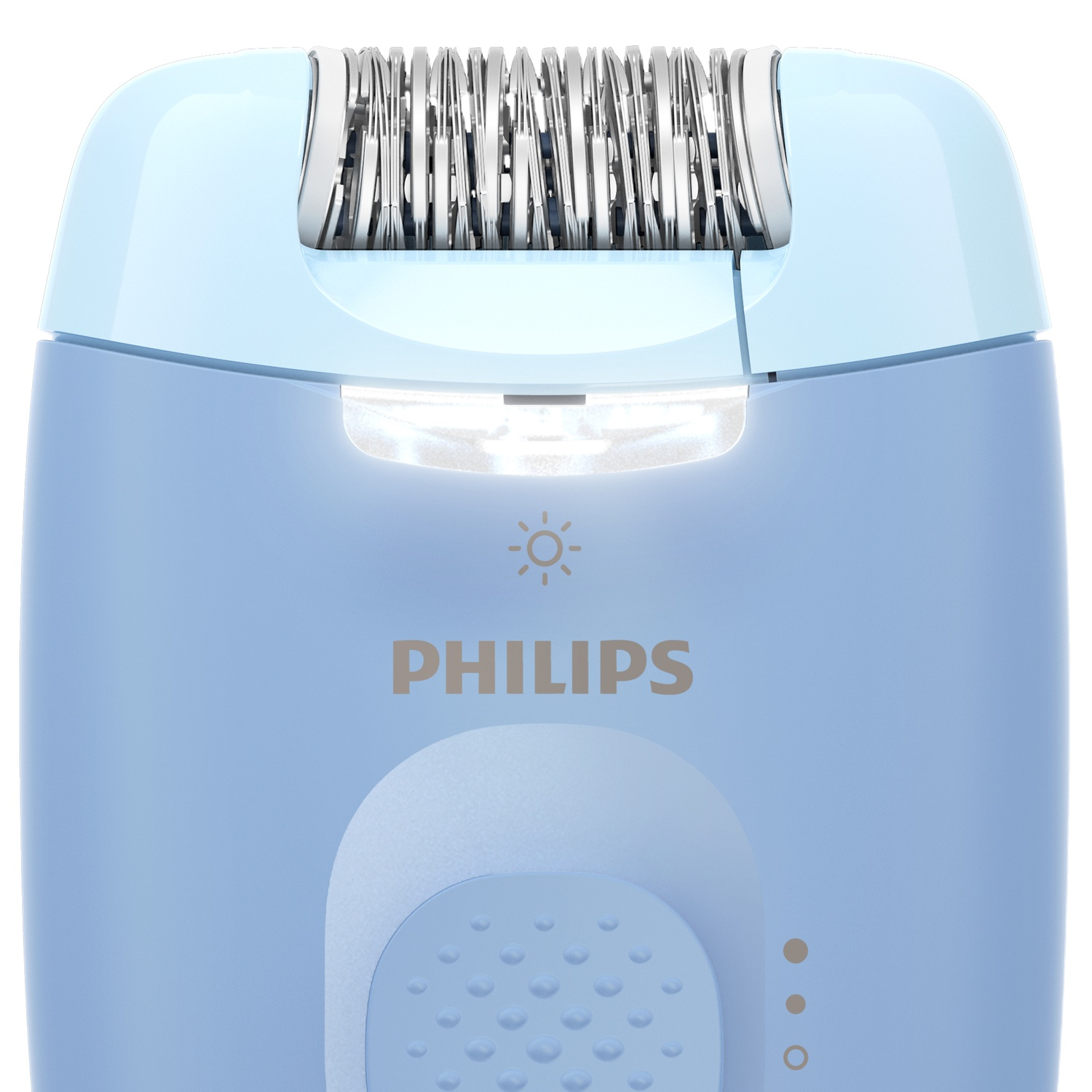 A light blue Philips epilator. It has a silver head and a light indicator. The brand's logo is visible on the device.