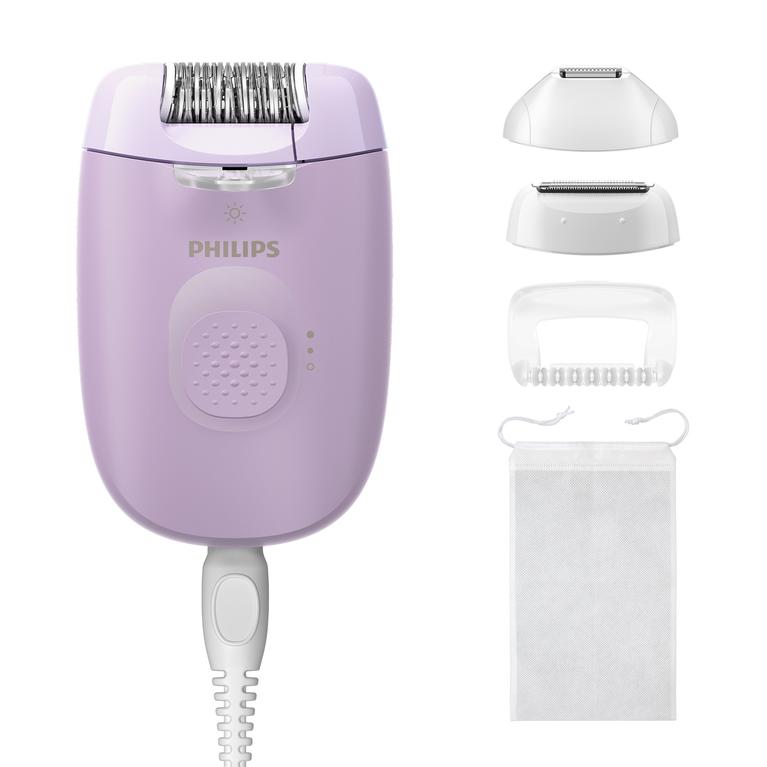 Un épilateur Philips lilas avec accessoires et un sac de rangement. L'épilateur est connecté à un cordon blanc. Les accessoires sont blancs.