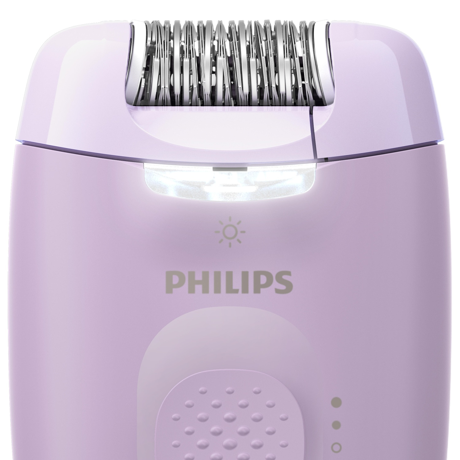 Un épilateur Philips lilas. Le haut a des lames en métal argenté, une lumière et le nom de la marque. Le bas a un indicateur d'alimentation et une prise texturée.