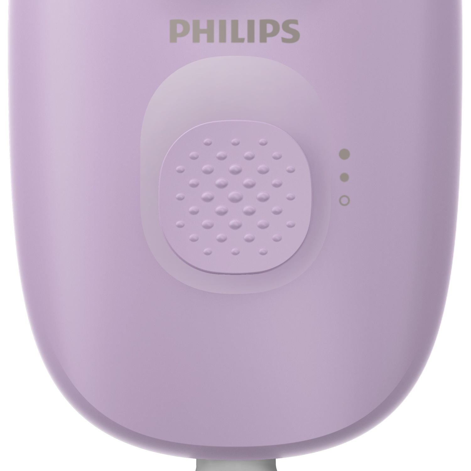 Gros plan sur un épilateur Philips violet. Il possède un bouton d'alimentation, des voyants d'état et le nom de la marque en haut.