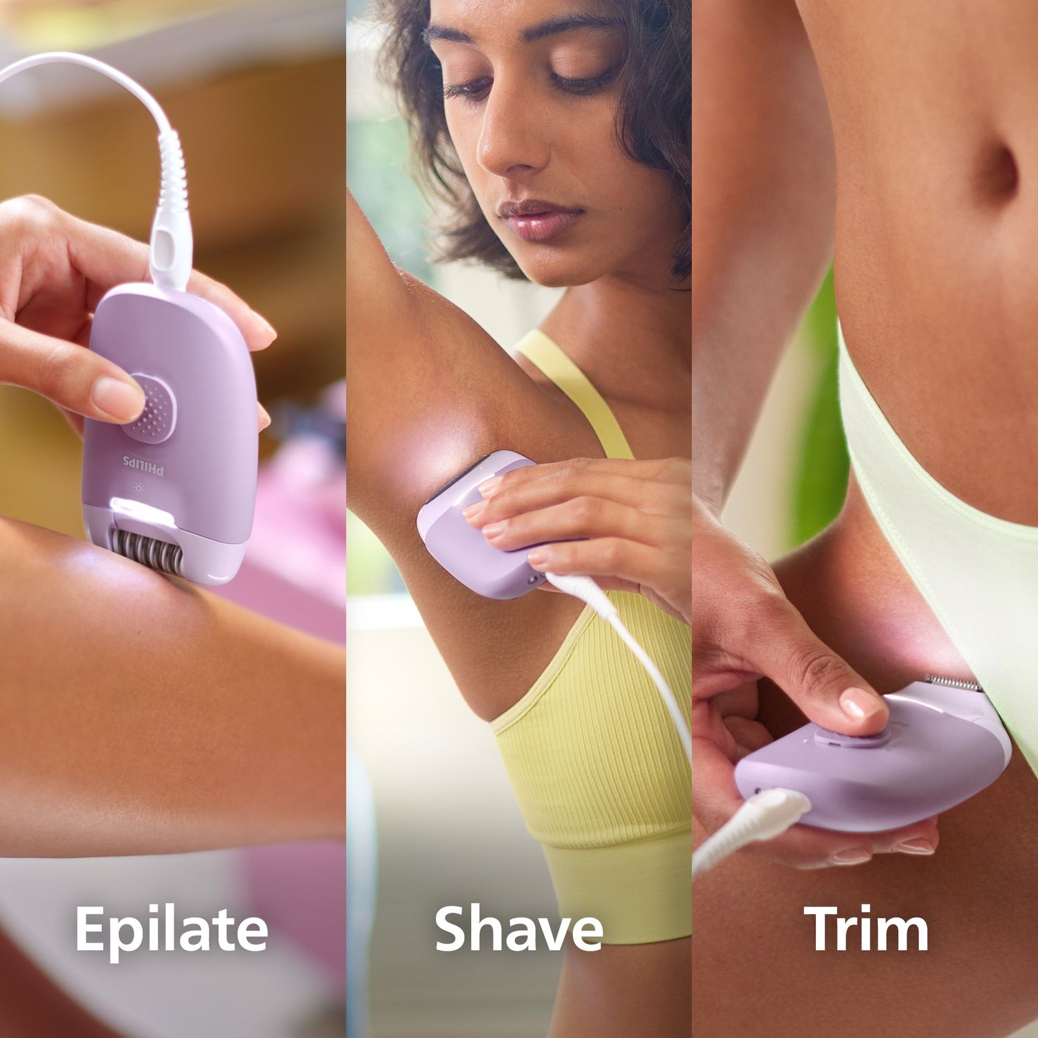 L'image montre trois femmes utilisant un épilateur, un rasoir et une tondeuse Philips violets sur différentes parties du corps, étiquetés 'Épiler', 'Raser' et 'Tailler'.