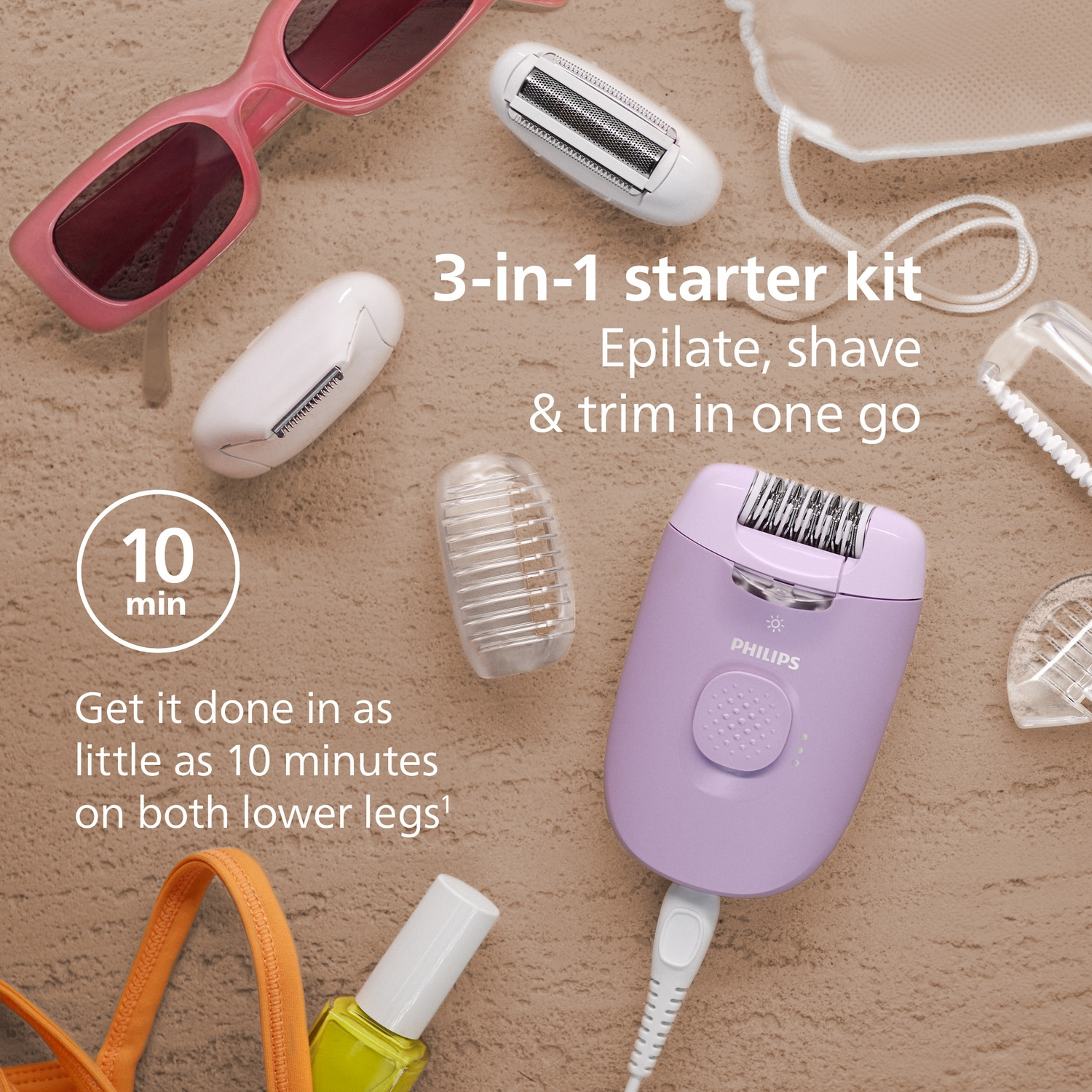 Image promotionnelle d'un kit de démarrage avec épilateur violet, accessoires, lunettes de soleil et vernis à ongles sur fond beige.