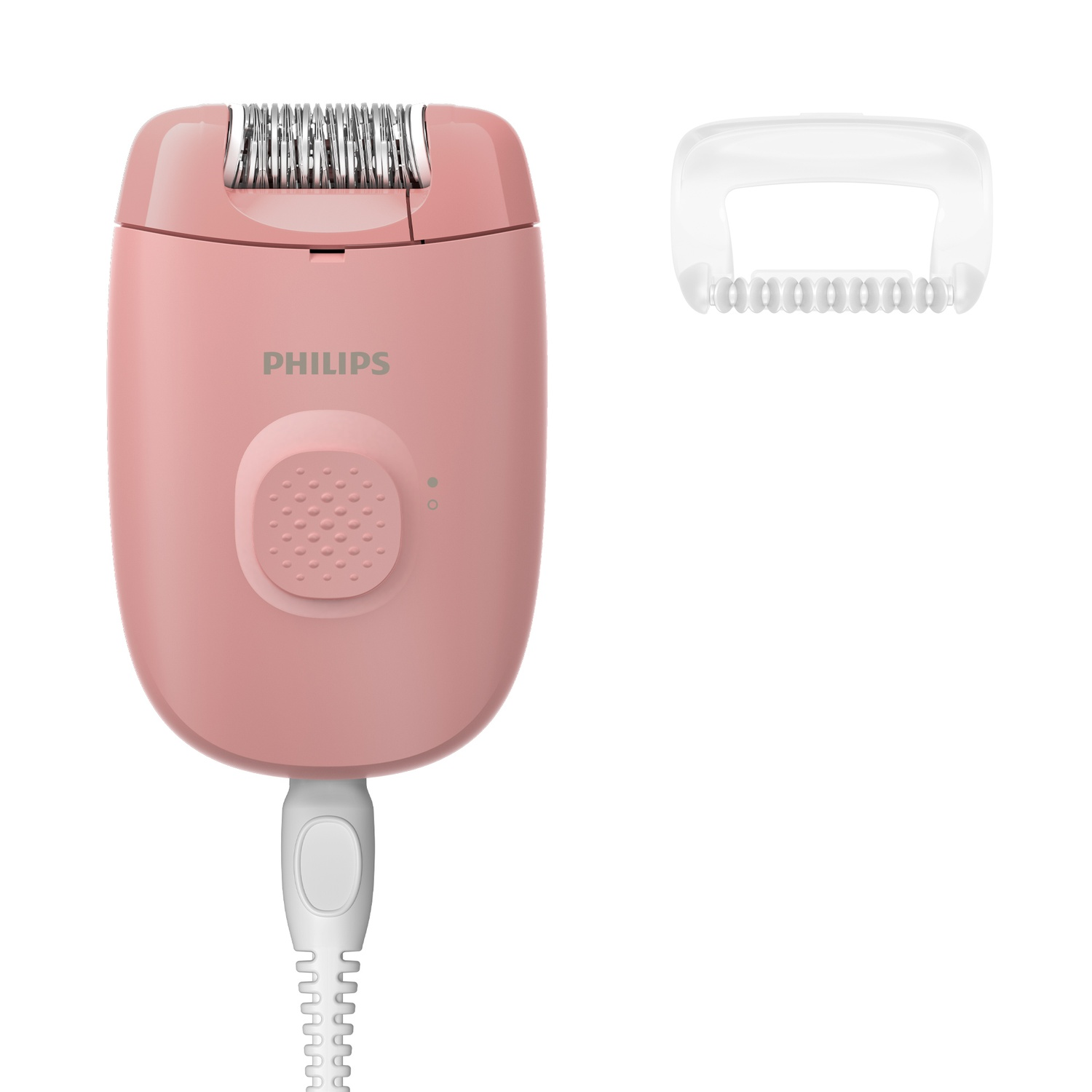A pink Philips epilator with a white cord and a separate white attachment, against a white background.