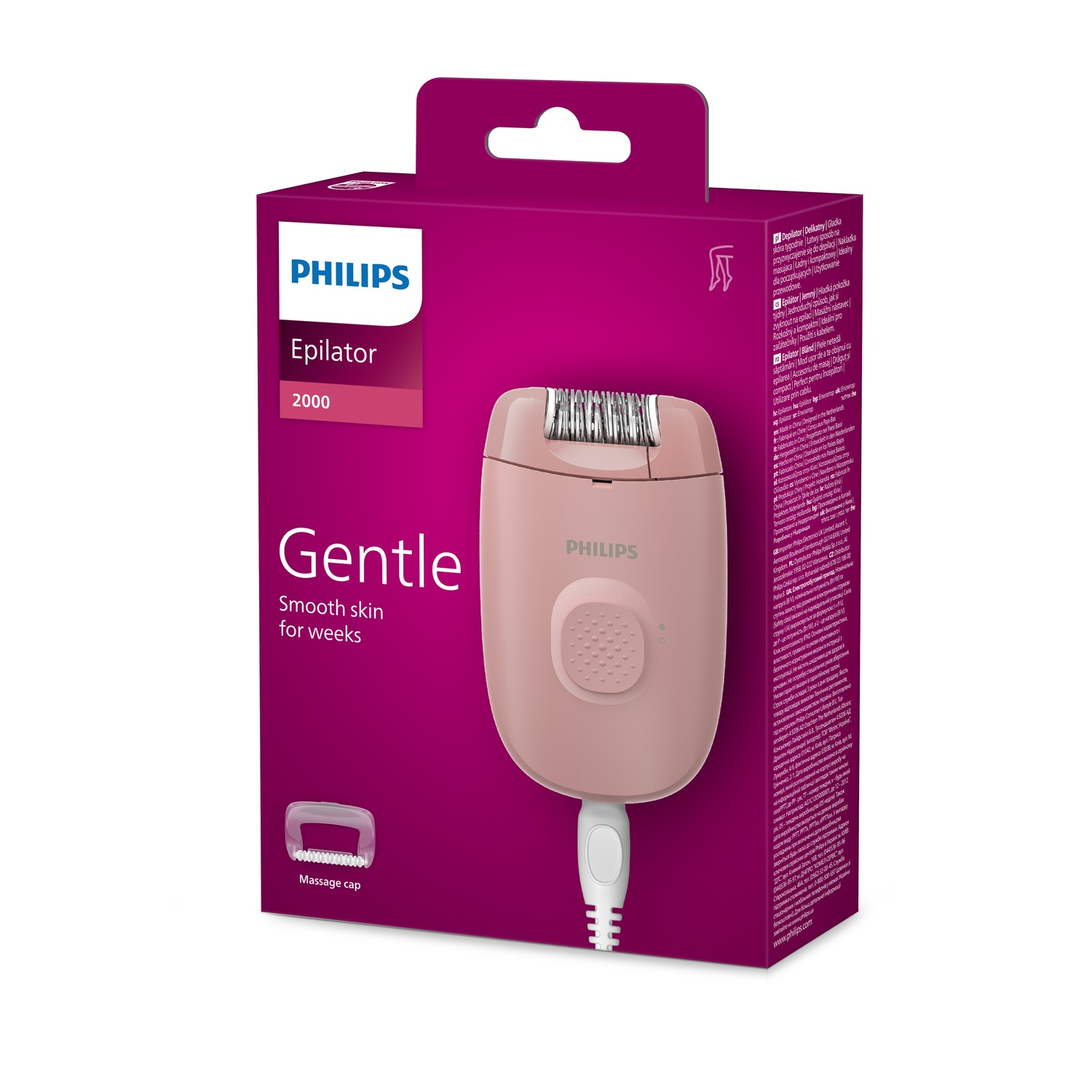 Pink Philips epilator box with product inside. Text reads 'Gentle, Smooth skin for weeks' and 'Massage cap'.